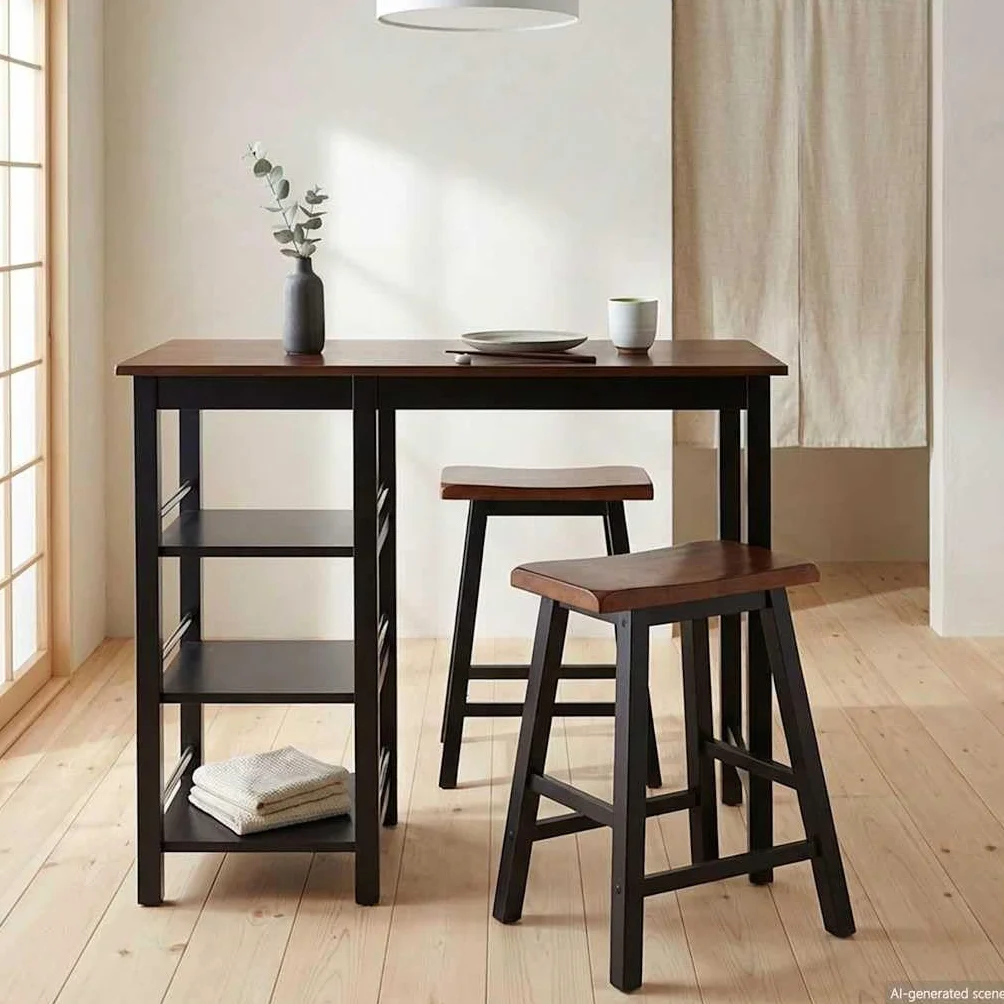 Juego de bar de 3 piezas de MDF negro, mesa de bar y 2 taburetes, con estantes para comedor, cocina, diseño que ahorra espacio, comodidad para familia e invitados