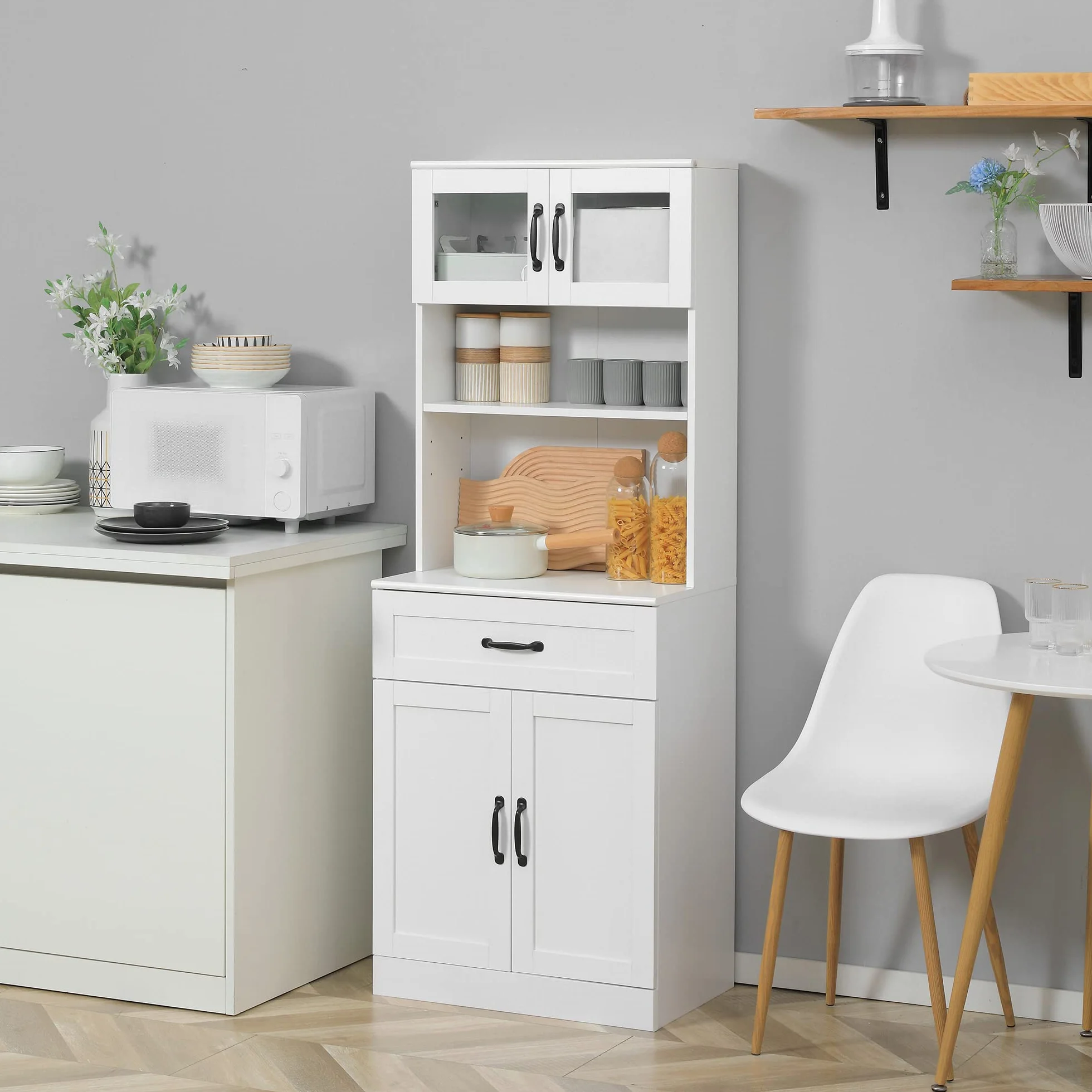 HOMCOM Alacena de Cocina Mueble Buffet de Cocina con 4 Puertas Cajón y Estantes Ajustables para Salón Comedor Estilo Moderno 60x38x161 cm Blanco