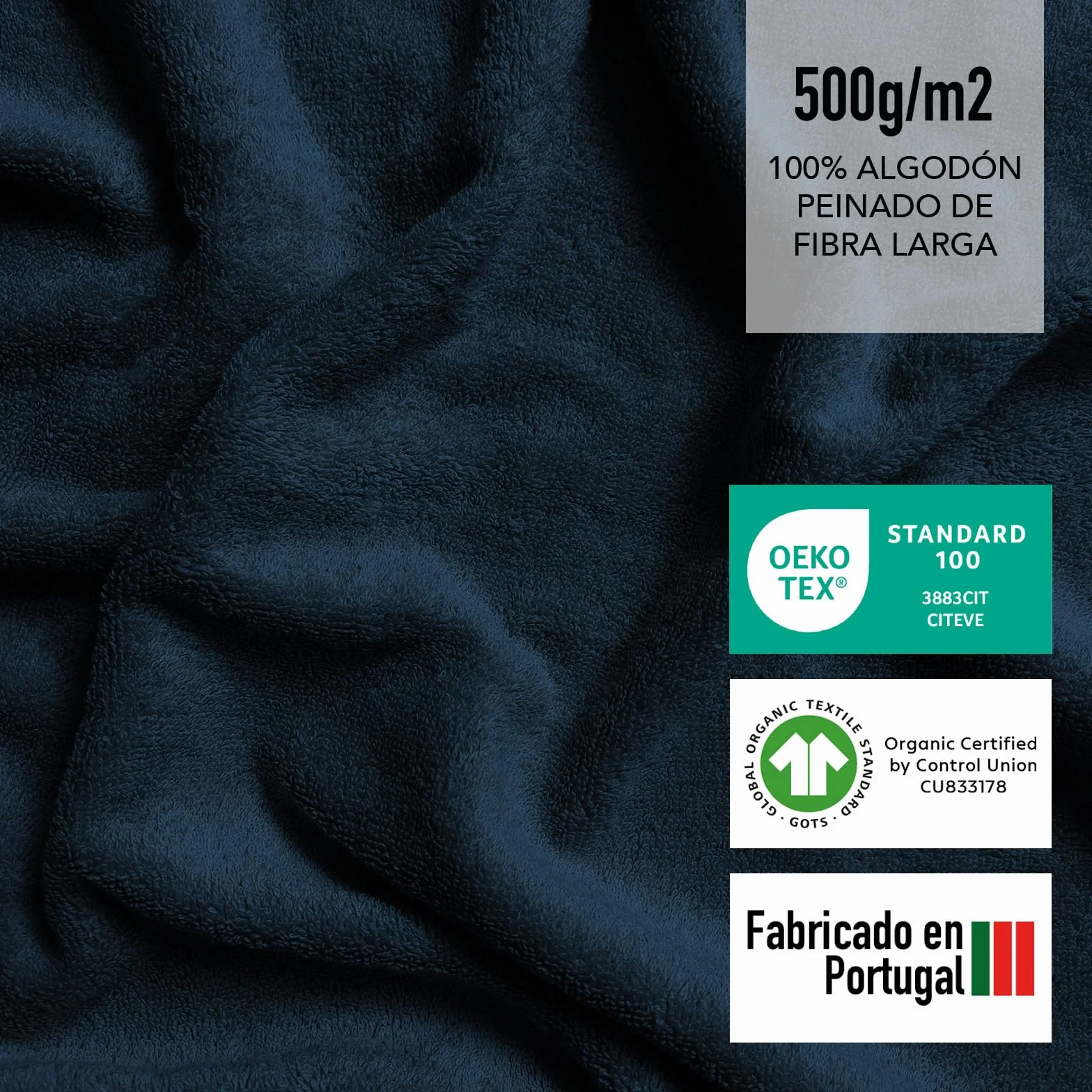 SLEEPZEN - Juego de Toallas de Baño 100x150, Juego de 2 - Azul Poseidón, Algodón Orgánico Certificado Gots - 500 gsm - Ultra absorbentes, Extra Suaves - Fabricadas en Portugal - Certificadas Oeko-Tex
