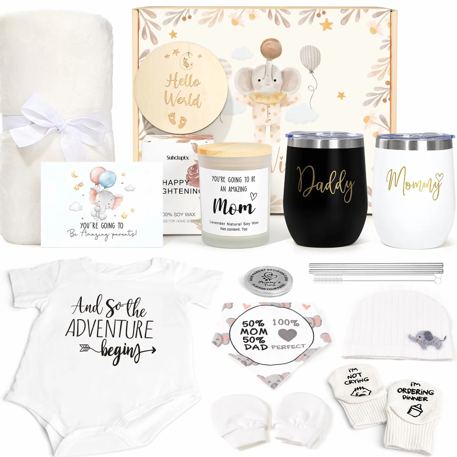 Regalos para nuevas mamás para mujeres, regalo de embarazo de lujo para nuevos padres, regalos de revelación de género, juegos de bebé de elefante con vaso para mamá, papá, artículos esenciales para