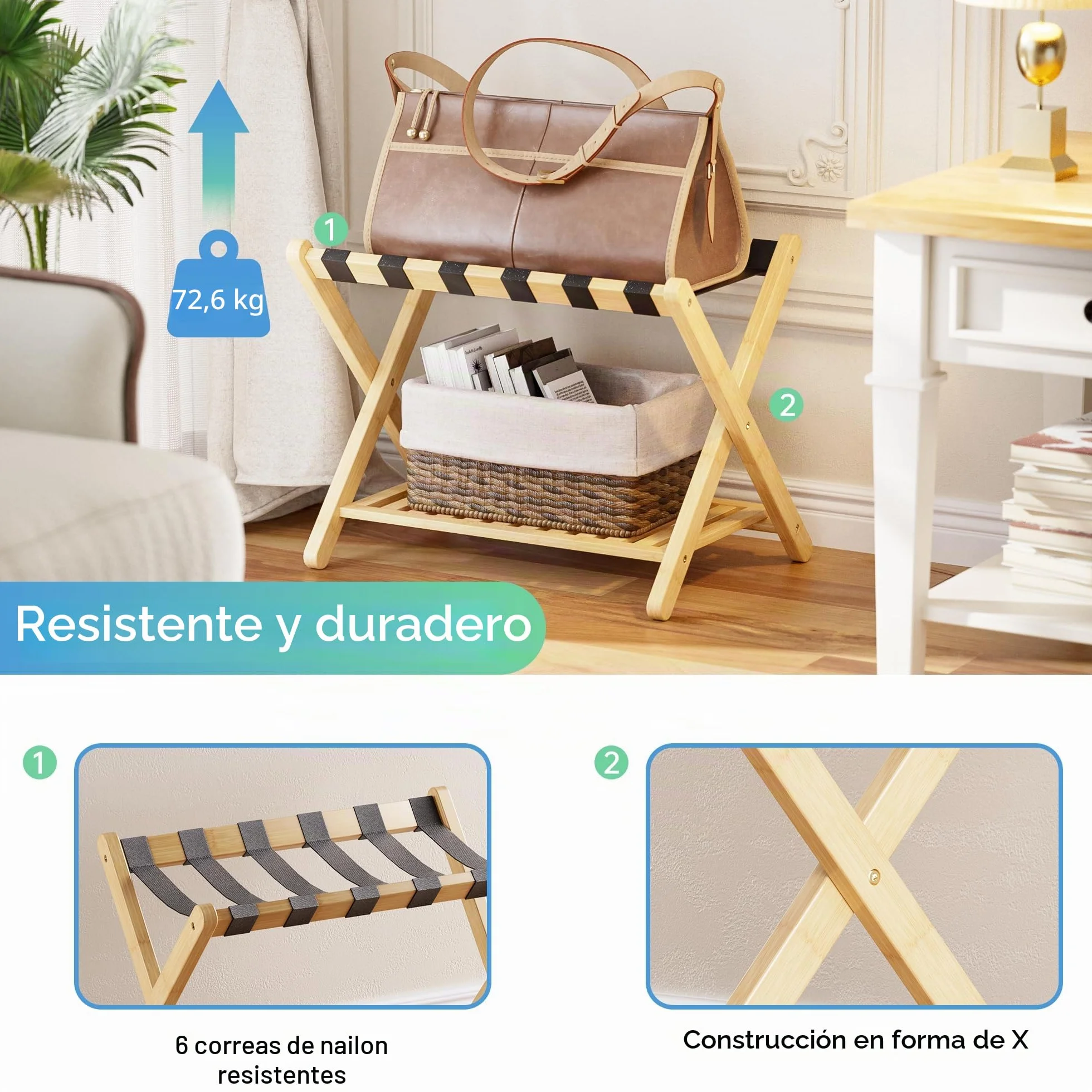 SMIBUY portaequipajes, plegable para maleta de bambú con estante de almacenamiento para habitación, dormitorio, hotel, servicio pesado (natural y negro)