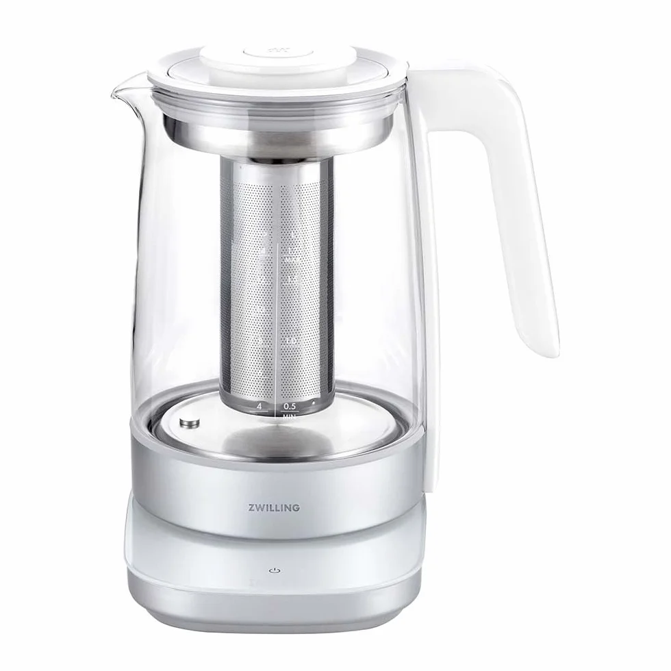 ZWILLING ENFINIGY Hervidor de vidrio con colador de té, Ajuste de temperatura y temporizador de té, 1850 W, 1,7 l, Blanco