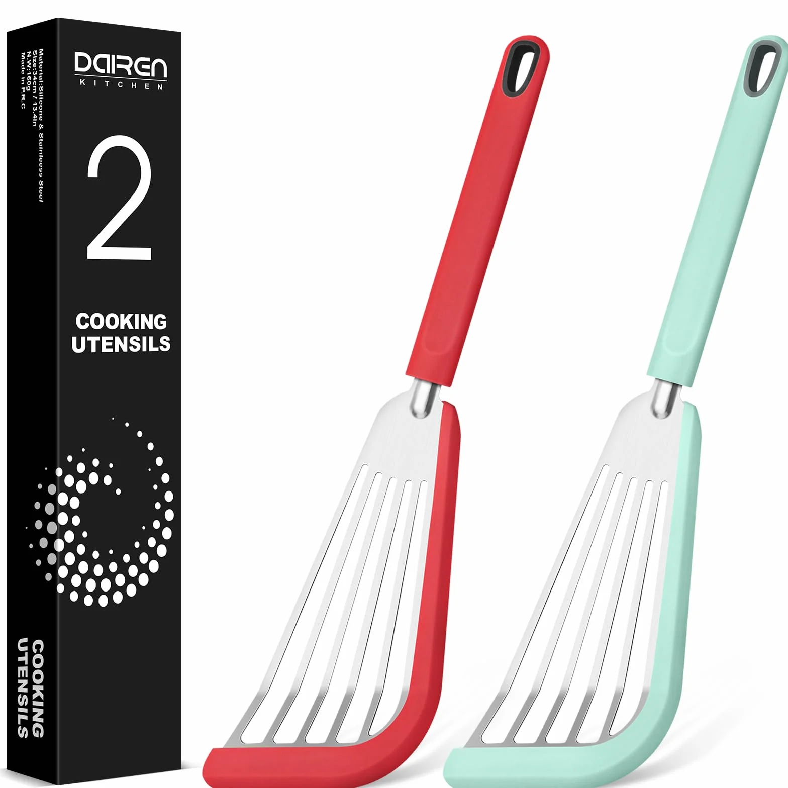 Juego de 2 espátulas de silicona para pescado, espátulas ranuradas finas para utensilios de cocina antiadherentes, resistentes al calor, flexibles, de acero inoxidable, para cocina, pescado, huevo,