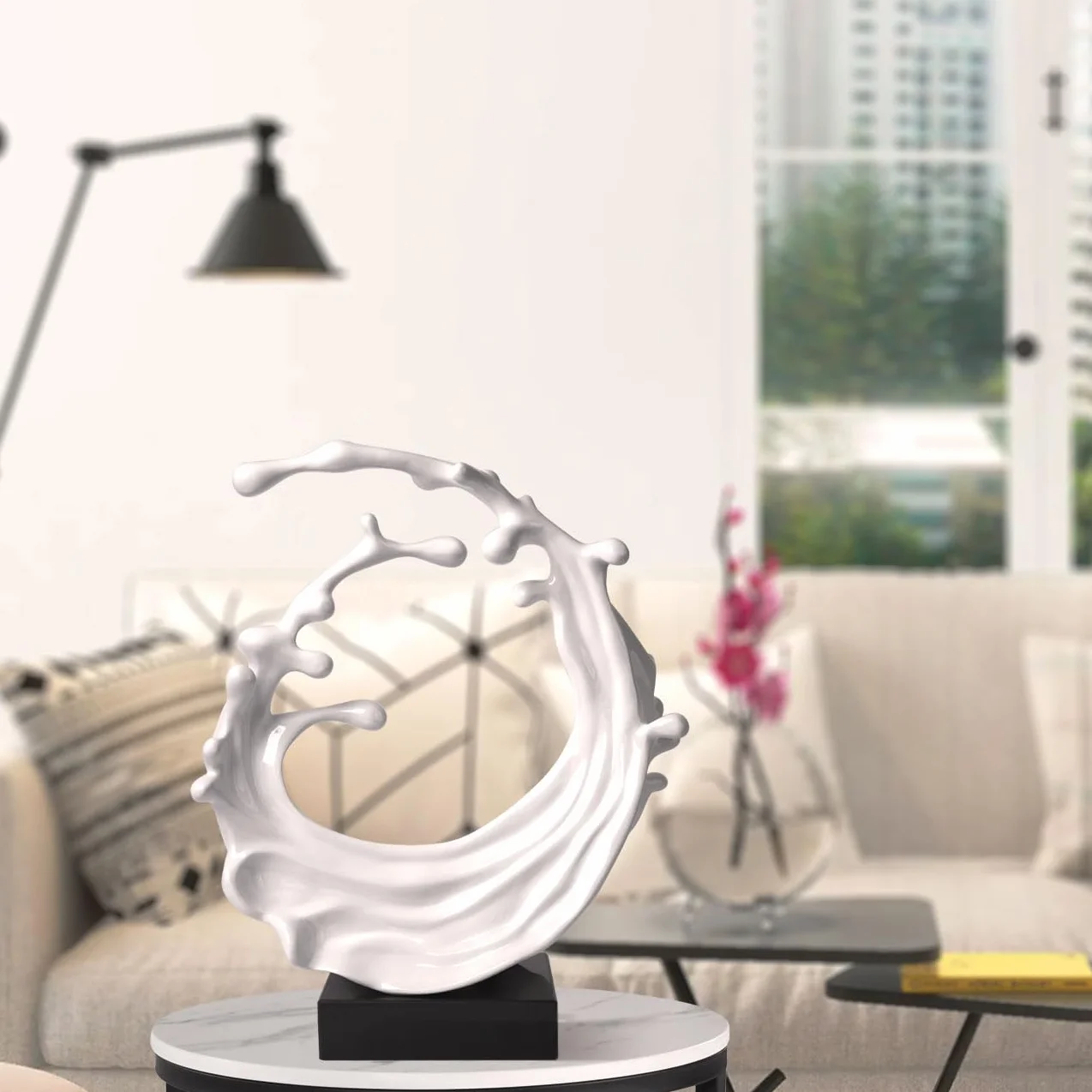 Escultura de Ola Marina Figura Abstracta Estatua Moderna Decoración Arte Interior Regalo para Salon Comedor Oficina Blanca 42cm