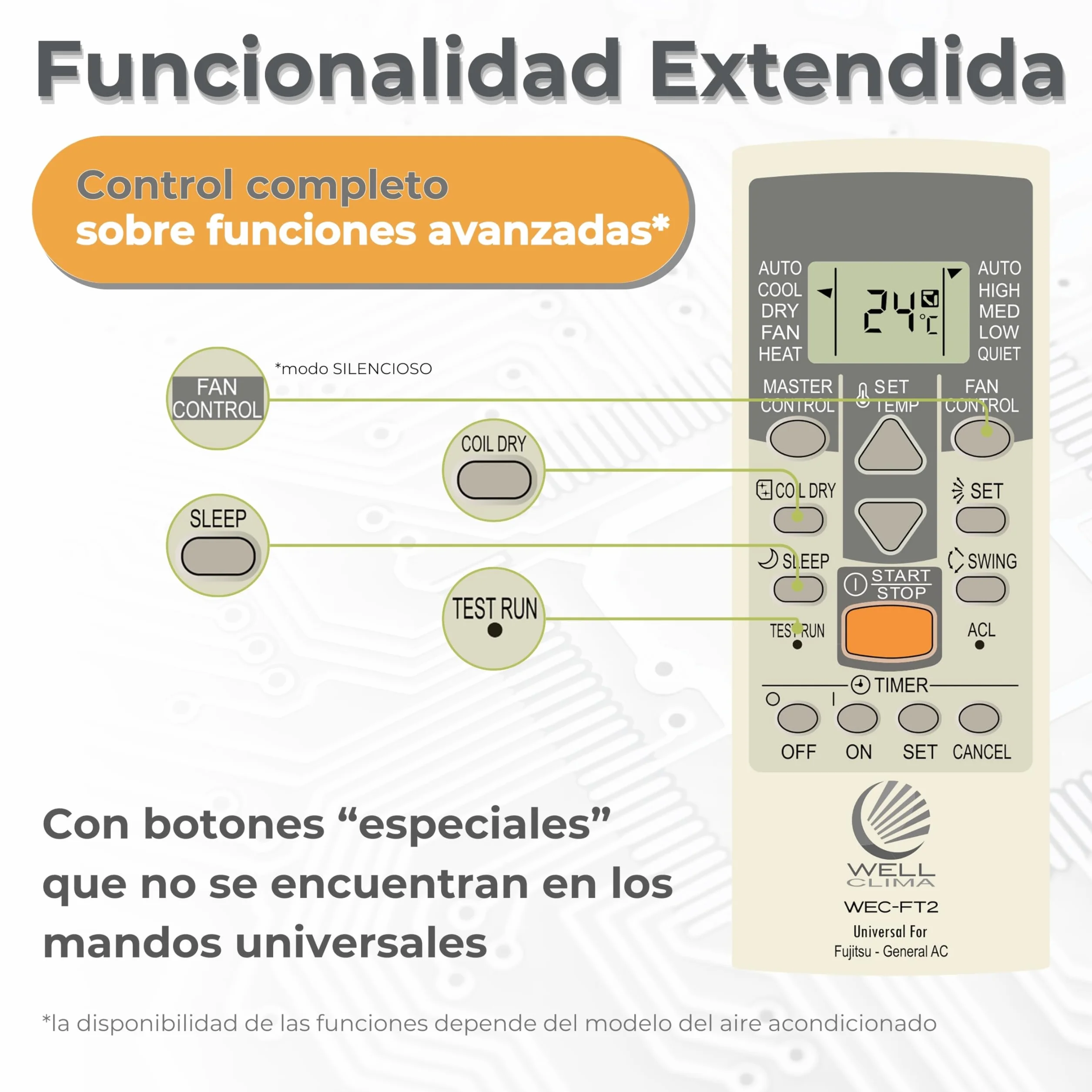 Wellclima WEC-FT II Mando Universal Compatible con Aires Acondicionados Fujitsu y General, Funciones Avanzadas, 4 Velocidades de Ventilador