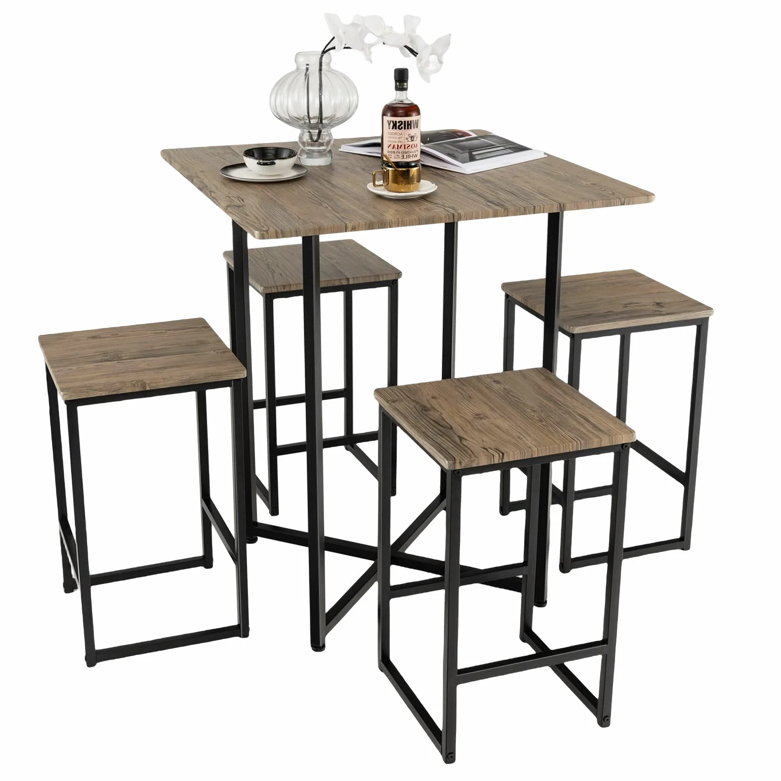HOMASIS Mesa de bar con taburetes, juego para 4 personas, madera, decoración industrial