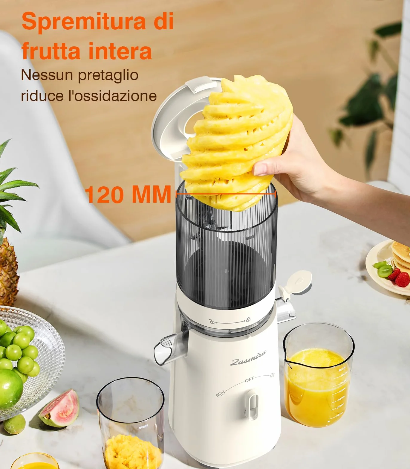 Zasmira Exprimidor Lento con Canal de Alimentación 120 mm, 99.6% Pureza del Jugo, Licuadora de Zumos y Batidos