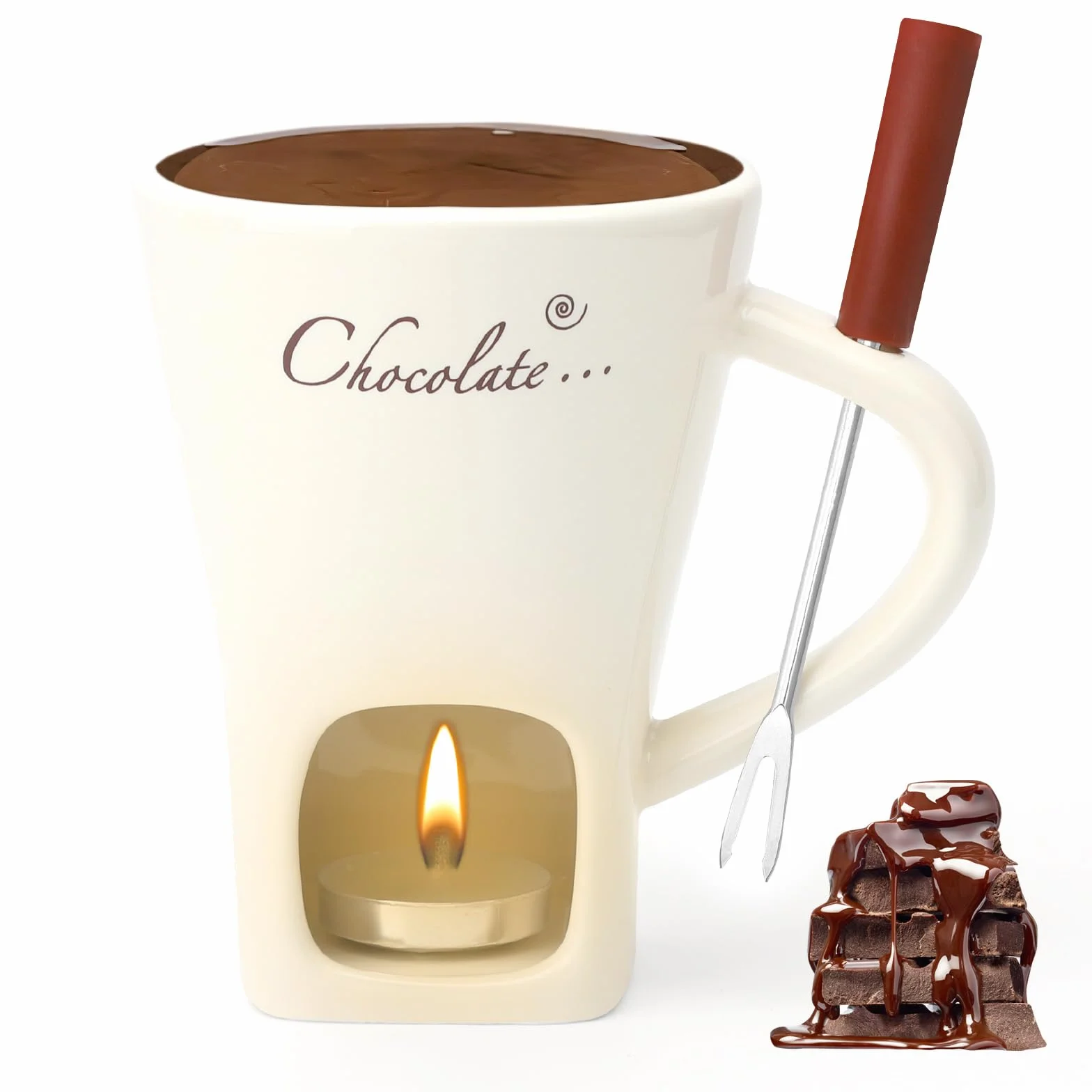 Juego de fondue de chocolate, taza de cerámica 130 ml, con portavelas y tenedores