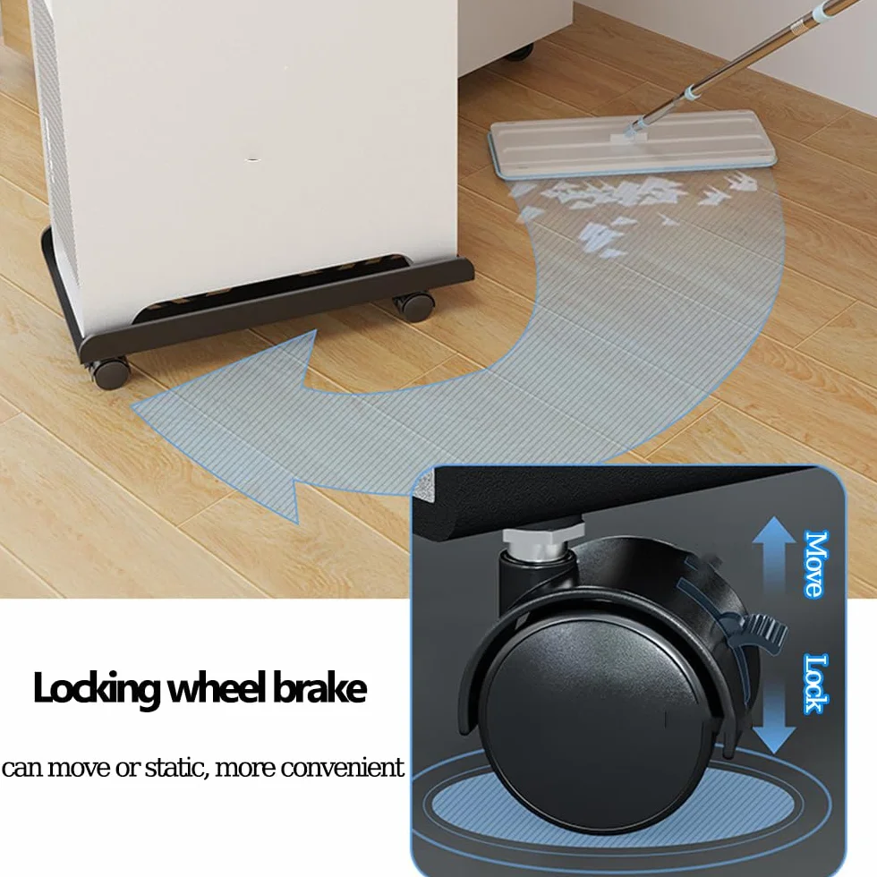 Soporte CPU, Soporte Torre Ordenador con Clips Organizador de Cables Autoadhesivo, Soporte para PC Ajustable Móvil con 4 Ruedas, Negro