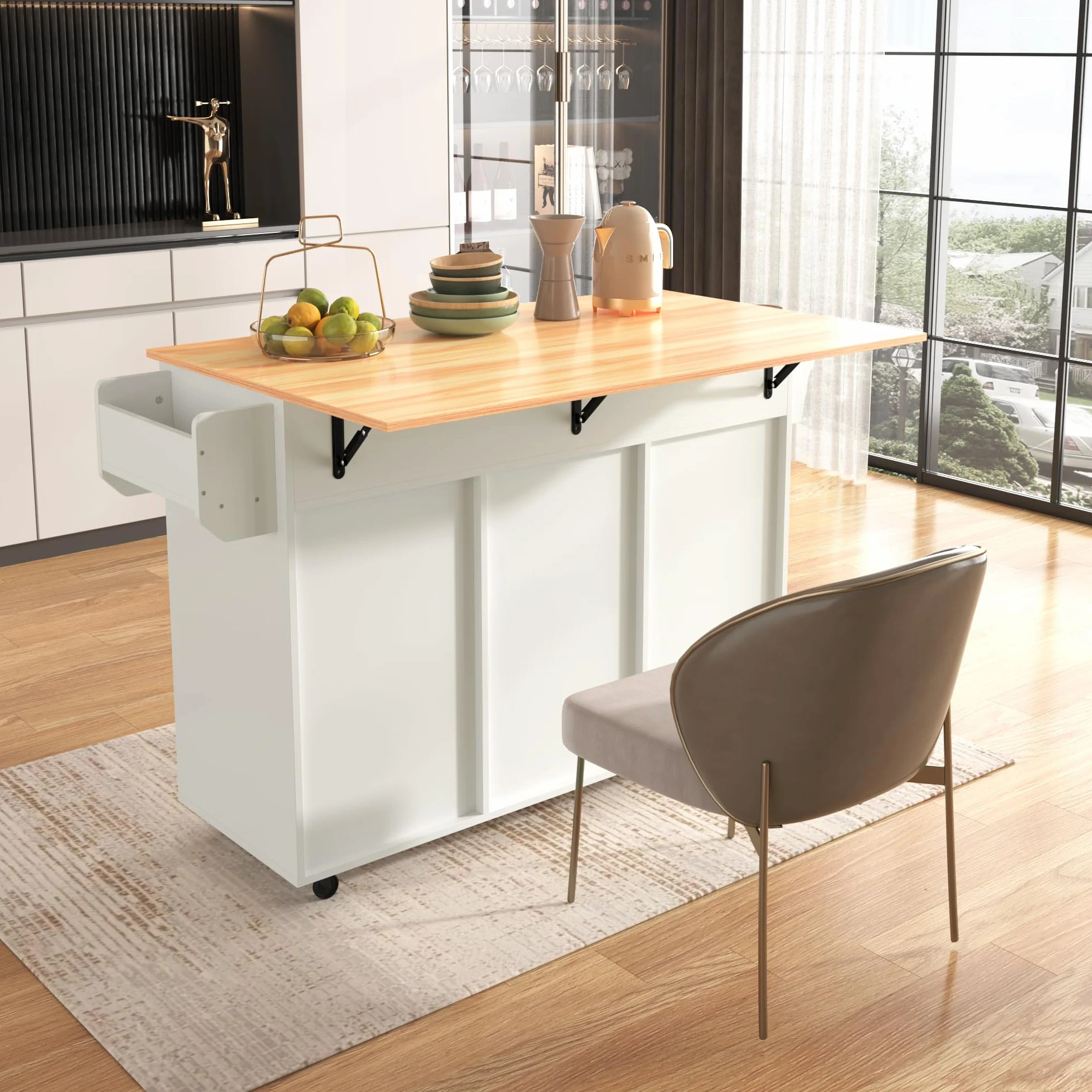 Isla de cocina con superficie de trabajo abatible, isla de cocina móvil con carro de servir sobre ruedas con 3 cajones/2 compartimento cerrado/patas intercambiables de madera maciza, 129x46(71