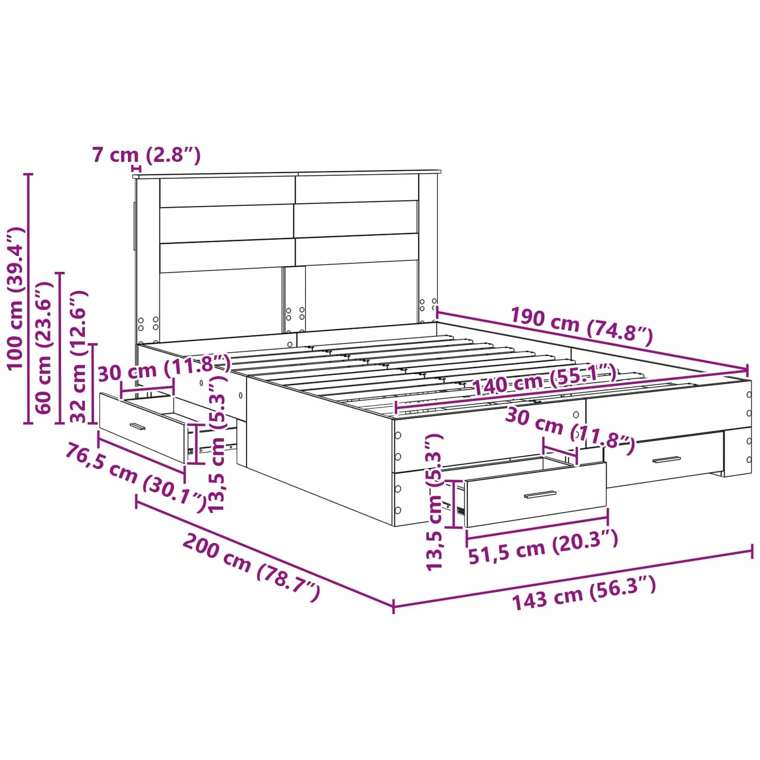 vidaXL Estructura de Cama con cajón Gris Sonoma 140 x 190 cm