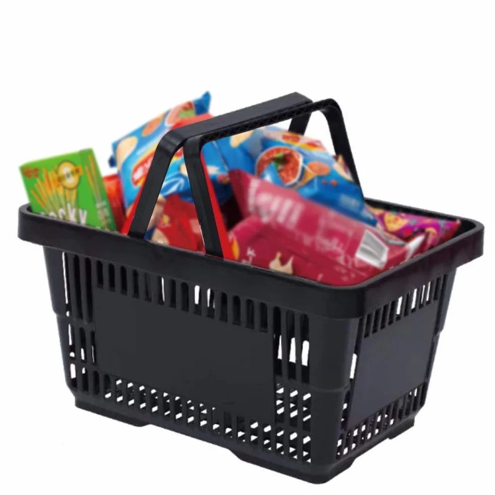 Lote de 12 cestas de plástico PP 28L capacidad 10 Kg, apilables rectangulares, negro, cestas de compras con asas para supermercado, tienda, transporte, verduras, frutas y juguetes resistentes
