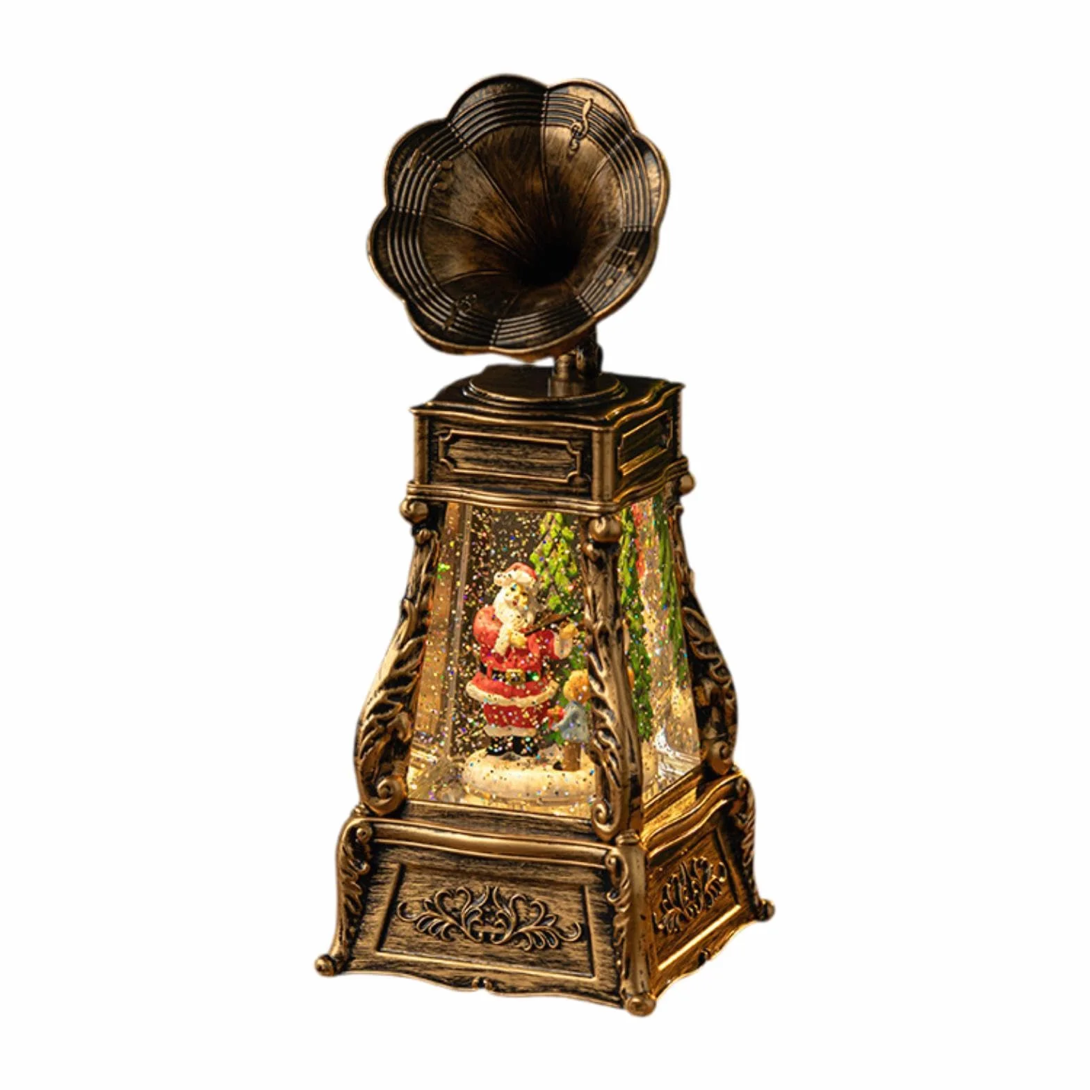 Milageto Caja de Música Navideña Gramófono Bola de Nieve Musical Decorativa de Polipropileno Linterna con Luz Central Adorno Navideño Centelleante Adecuada Par, Papá Noel, Individual
