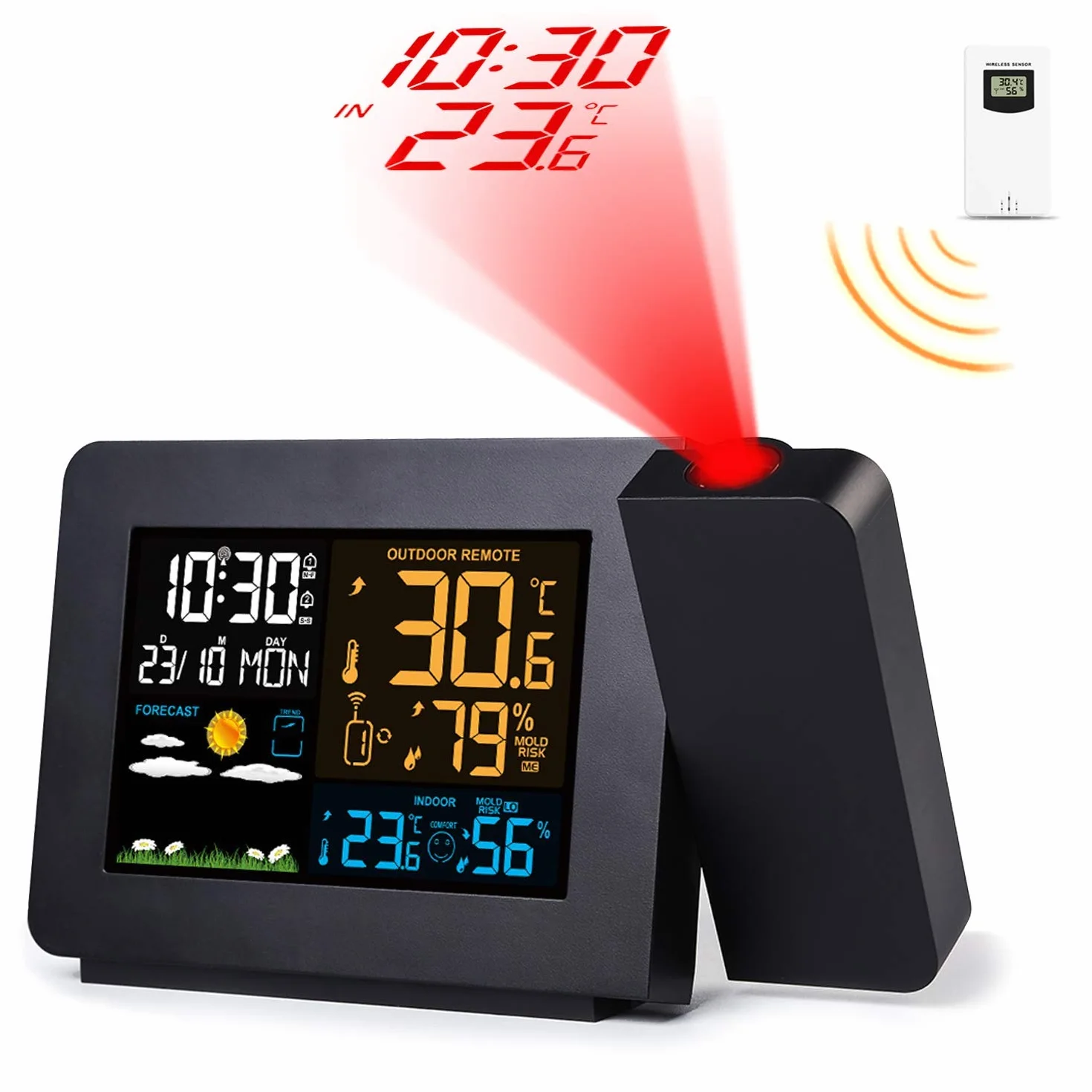 Despertador Digital Estación meteorológica inalámbrica Alarma de proyección Relojes atómicos con Sensor Remoto para Temperatura y Humedad