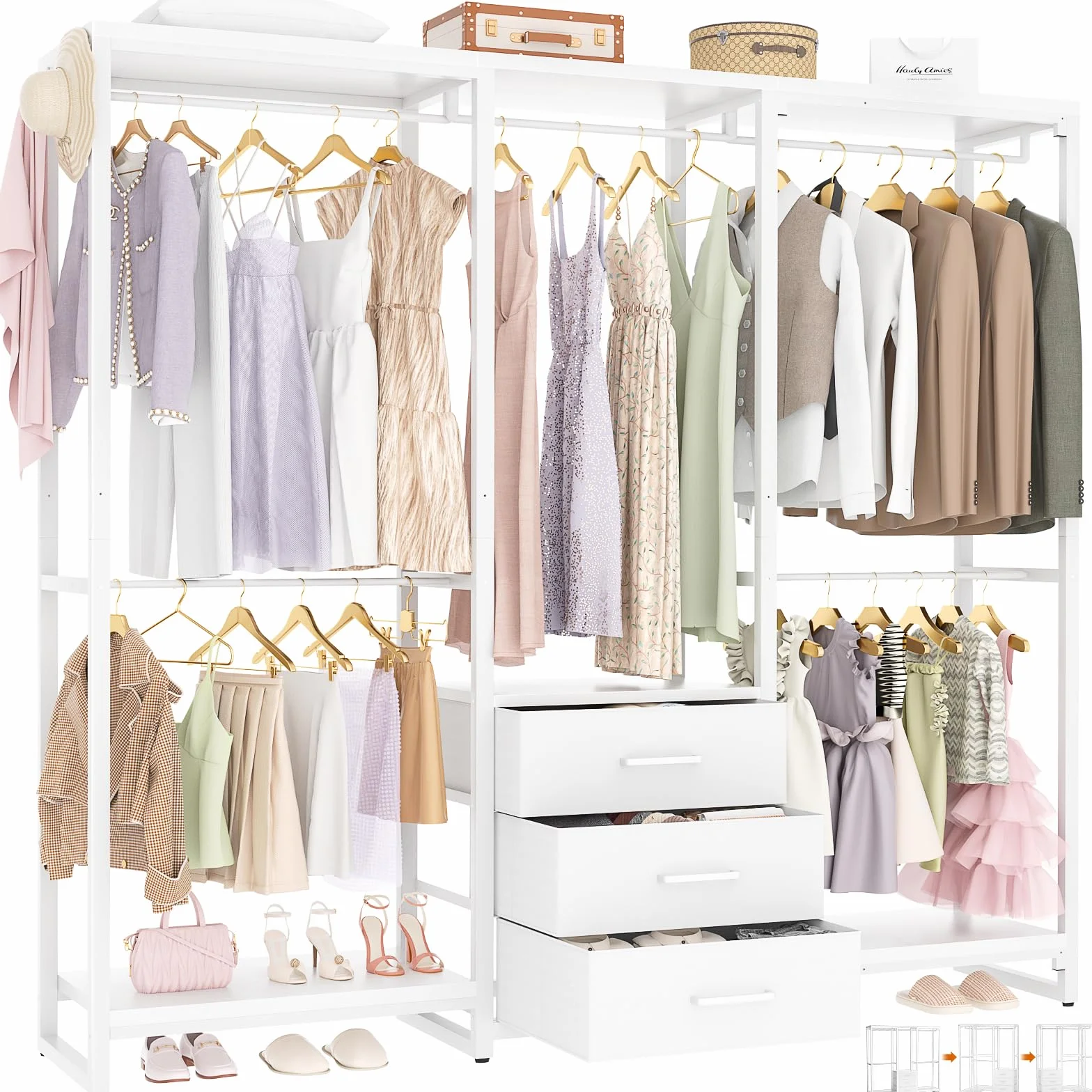 iSunirm Perchero cajones, Perchero, Armario Abierto, Resistente, con Barras para Colgar Ropa, para Dormitorio, 165 x 39 x 190 cm, Roble Blanco