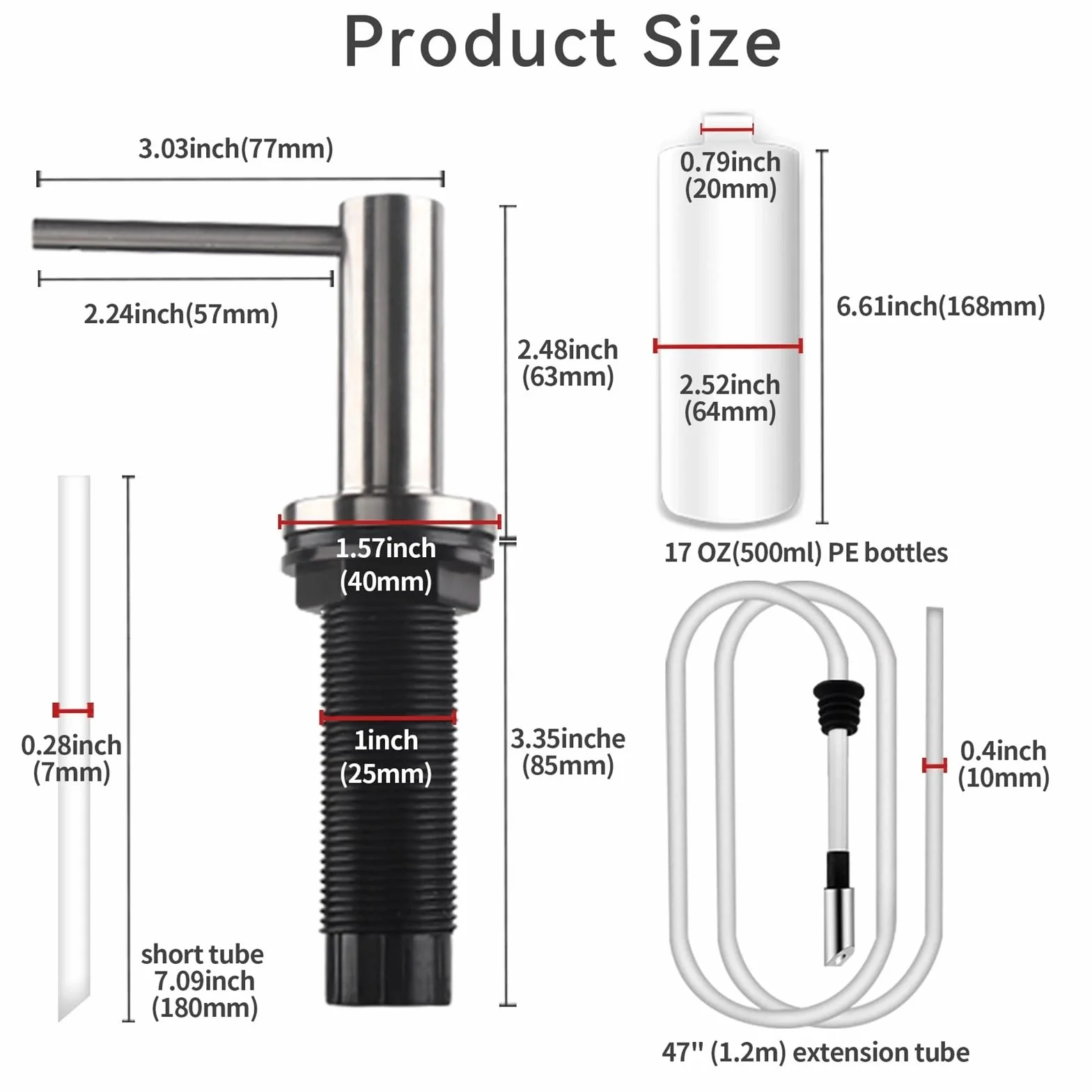 Dispensador de jabón de Cocina Dispensador de jabón sólido Acero Inoxidable 304 for Fregadero Cocina con Botella 17 onzas y Kit Tubo extensión 47 Pulgadas para Fregadero