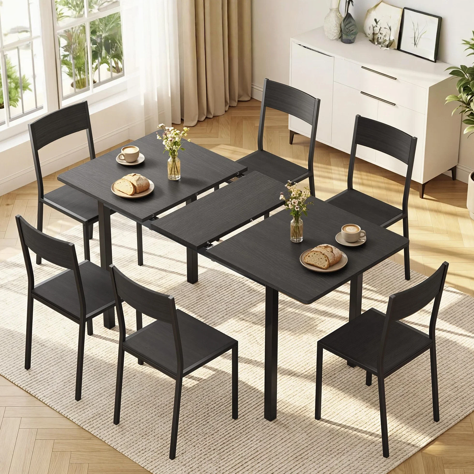Xbro Conjunto Mesa y Sillas 6 Personas Extensible, Mesa Comedor con 6 Sillas, Ahorro de Espacio, Estructura Metálica Estable, Fácil de Montar, Cocina Comedor 110–140 cm