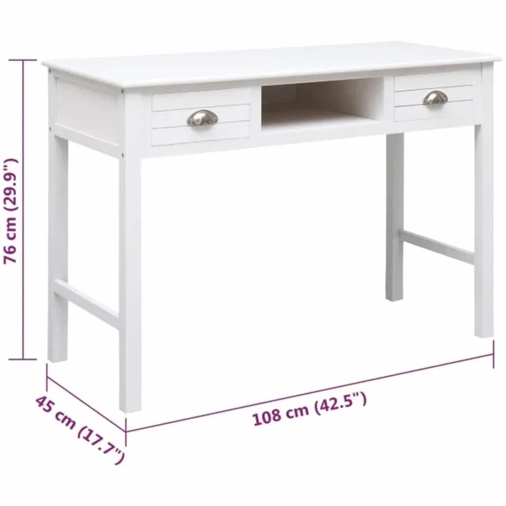 vidaXL Escritorio de Madera Maciza de Paulownia Blanco 108x45x76 cm