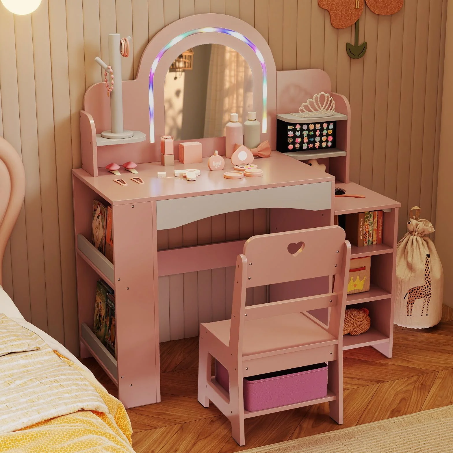 COSTWAY Tocador Niña con Espejo y Luces, Mesa de Maquillaje con Estantes y Caja de Tela, Rosa