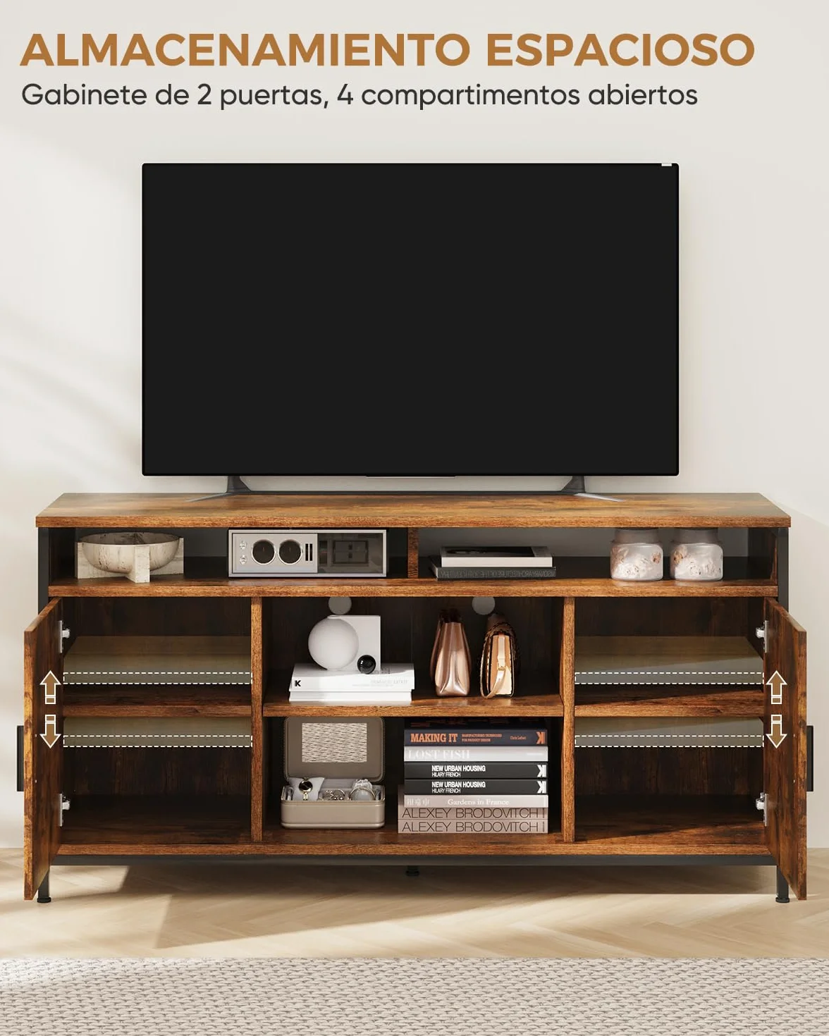 ELUCHANG Mueble de TV, Mesa de TV para Salón, con Estantes Ajustables, para Televisores de hasta 65 Pulgadas, Estilo Industrial, 140 x 40 x 71 cm, Marrón Rústico y Negro