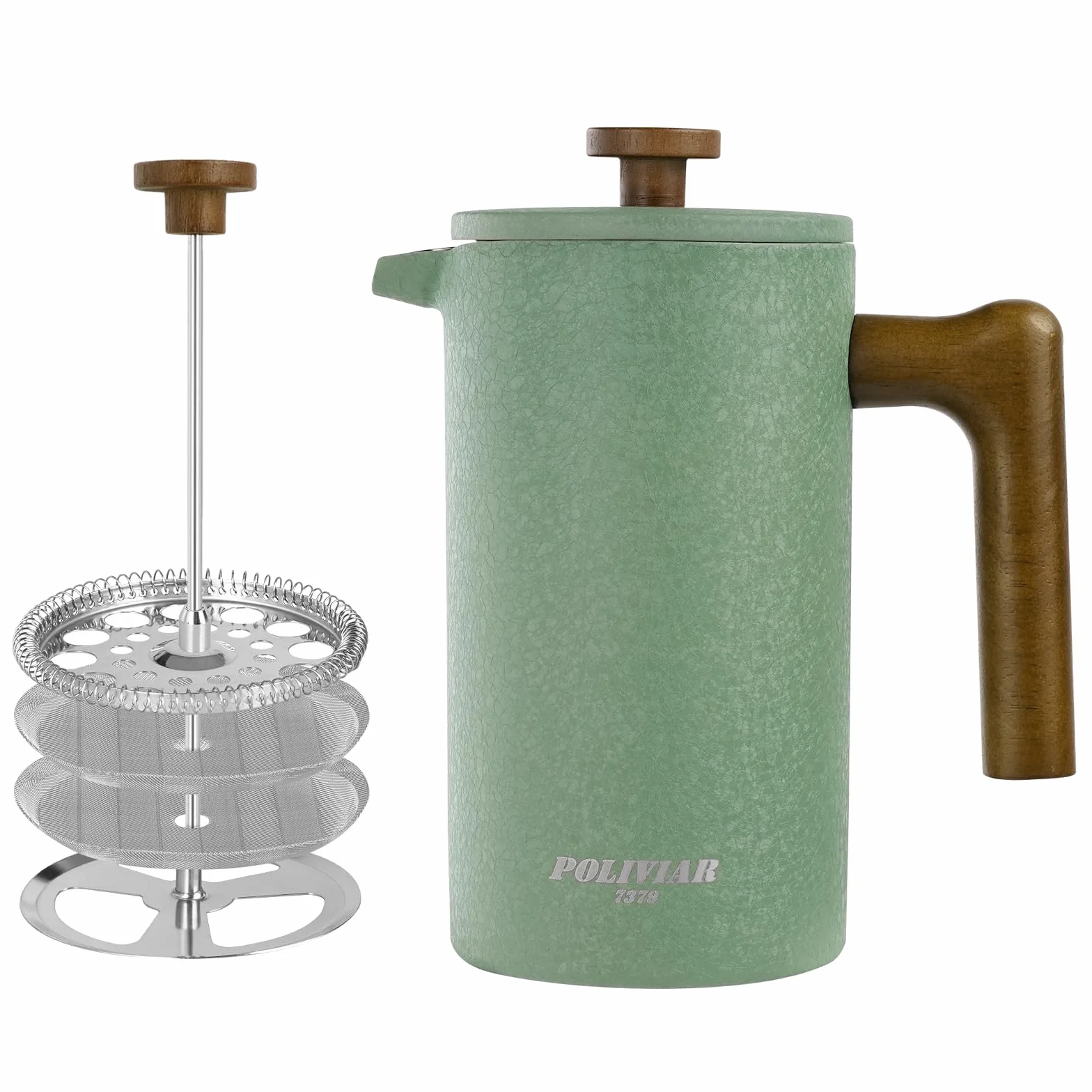 Poliviar French Press - Cafetera térmica de acero inoxidable, doble pared aislada, cafetera de 1 litro, filtro manual con émbolo y mango de madera, color verde