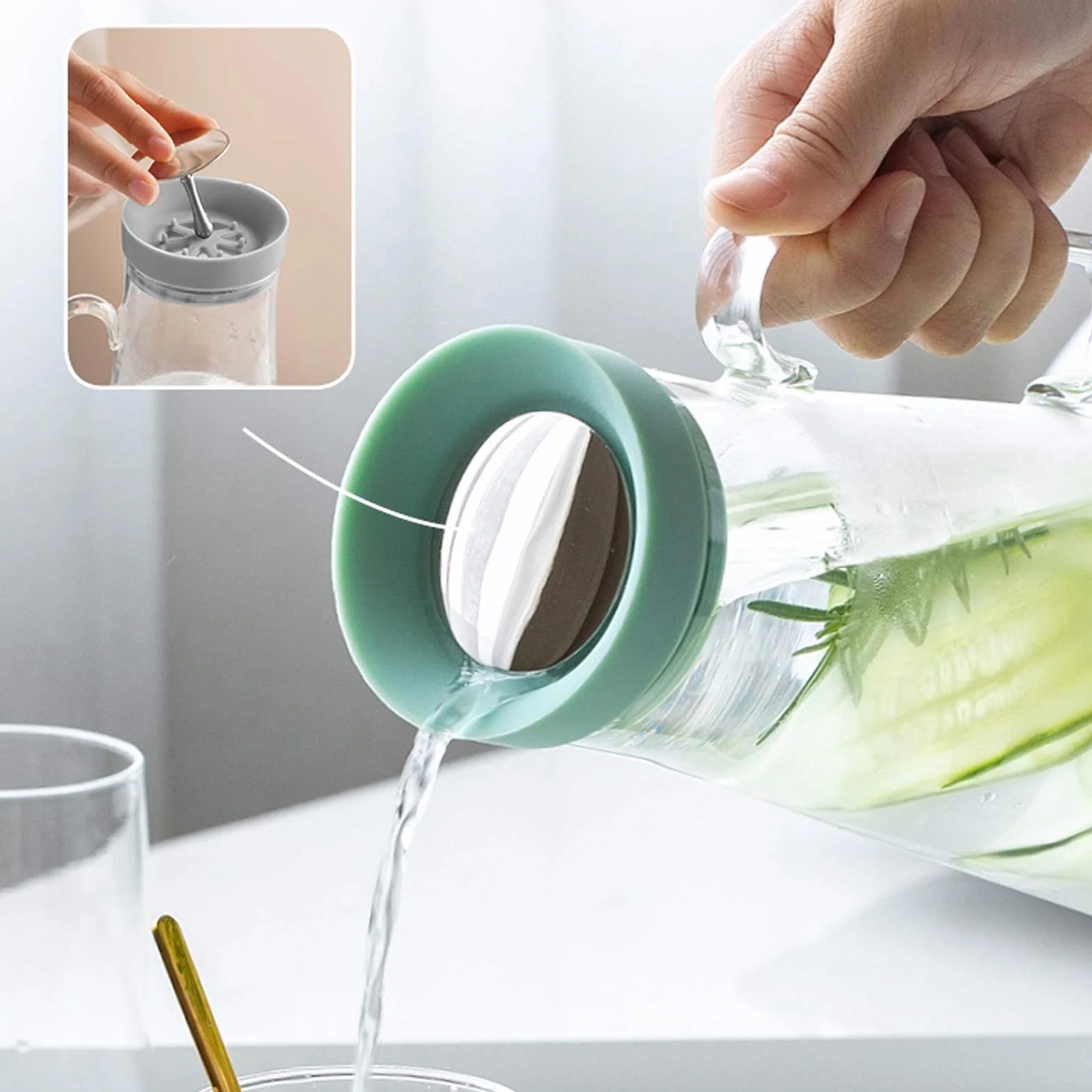 Jarra Jarra de Vidrio de Gran Capacidad con Tapa de Silicona Tetera de Vidrio Resistente al Calor Práctica Tapa de Filtro de Acero Inoxidable Tamaño Ajustable Jarra de Agua fría/Caliente (Color: