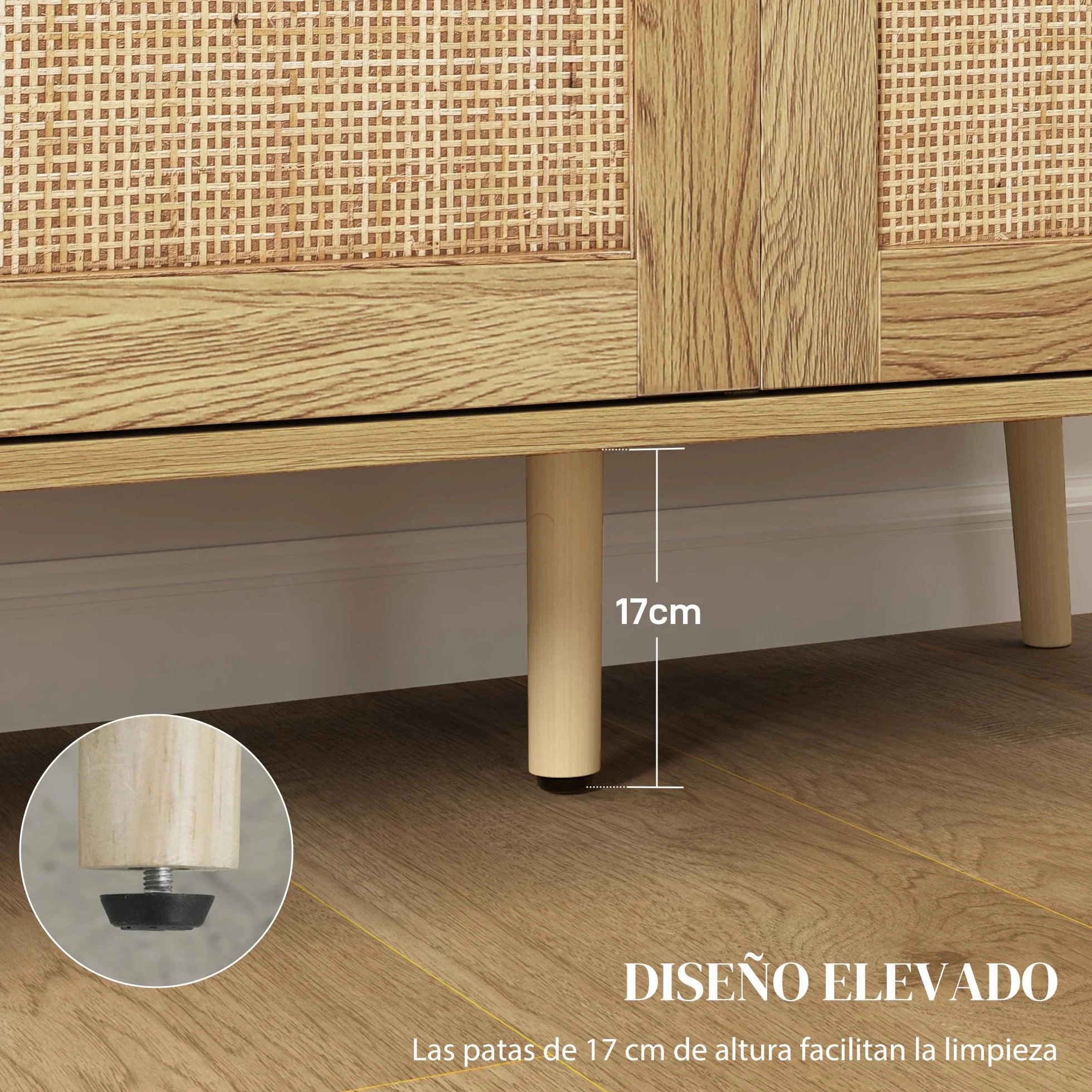 HOMCOM Aparador con 3 Puertas de Ratán, Estantes Ajustables, Madera Natural, 120x40x75 cm