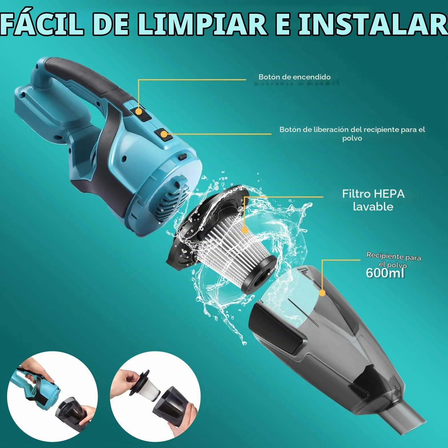 Aspiradora de mano inalámbrica para batería Makita de 18V, Mini aspiradora portátil y liviano uso en seco y húmedo, Aspirador pequeño con 3 boquillas y caja para el polvo, para el hogar y el automóvil