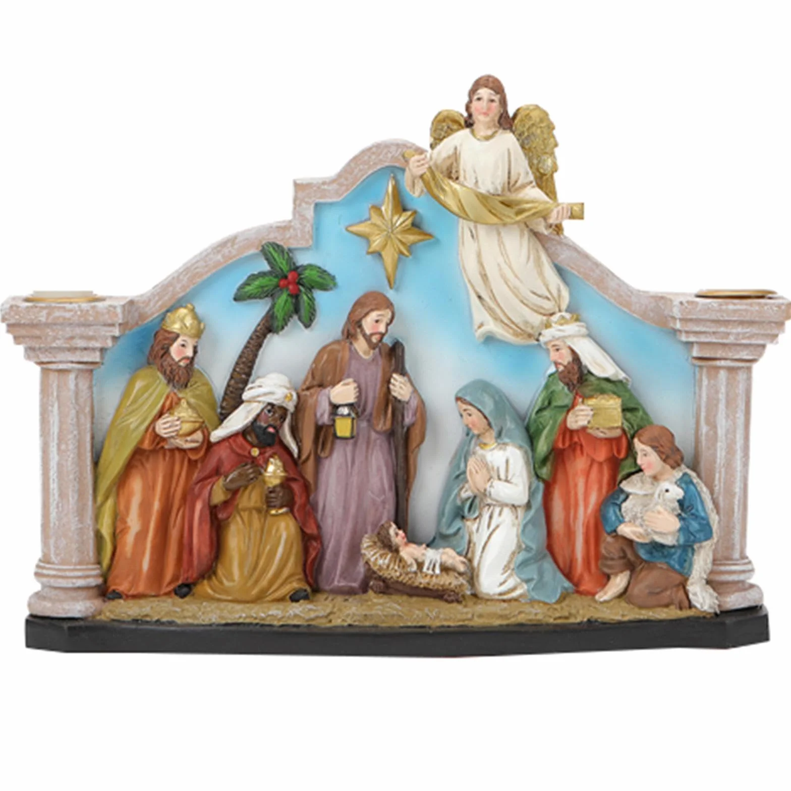Soporte para belén con figuras de la Sagrada Familia Resina Decoraciones de Adviento de Navidad para vacaciones Regalos de mesa Santa Familia Cuna con Candelabro