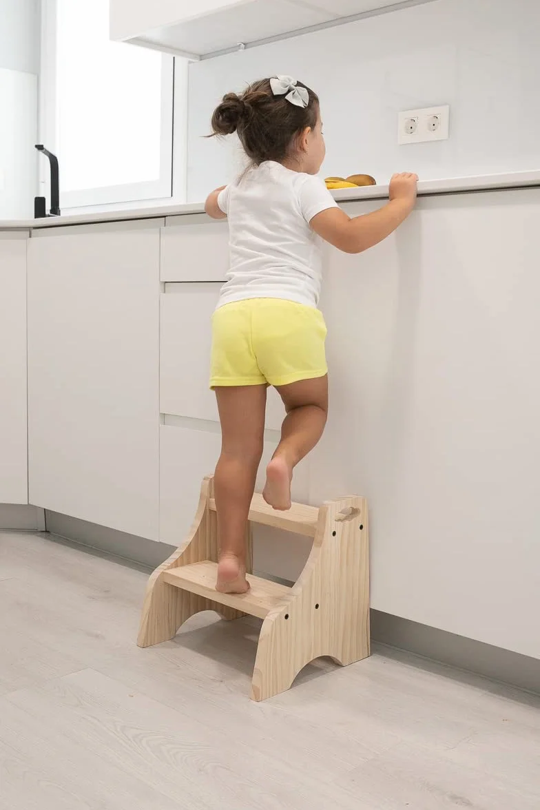Taburete infantil Montessori - Escalón niños madera 100% natural - banco de madera baño - escalón infantil - escalera 2 peldaños - taburete baño - taburete madera (Modelo Nube)