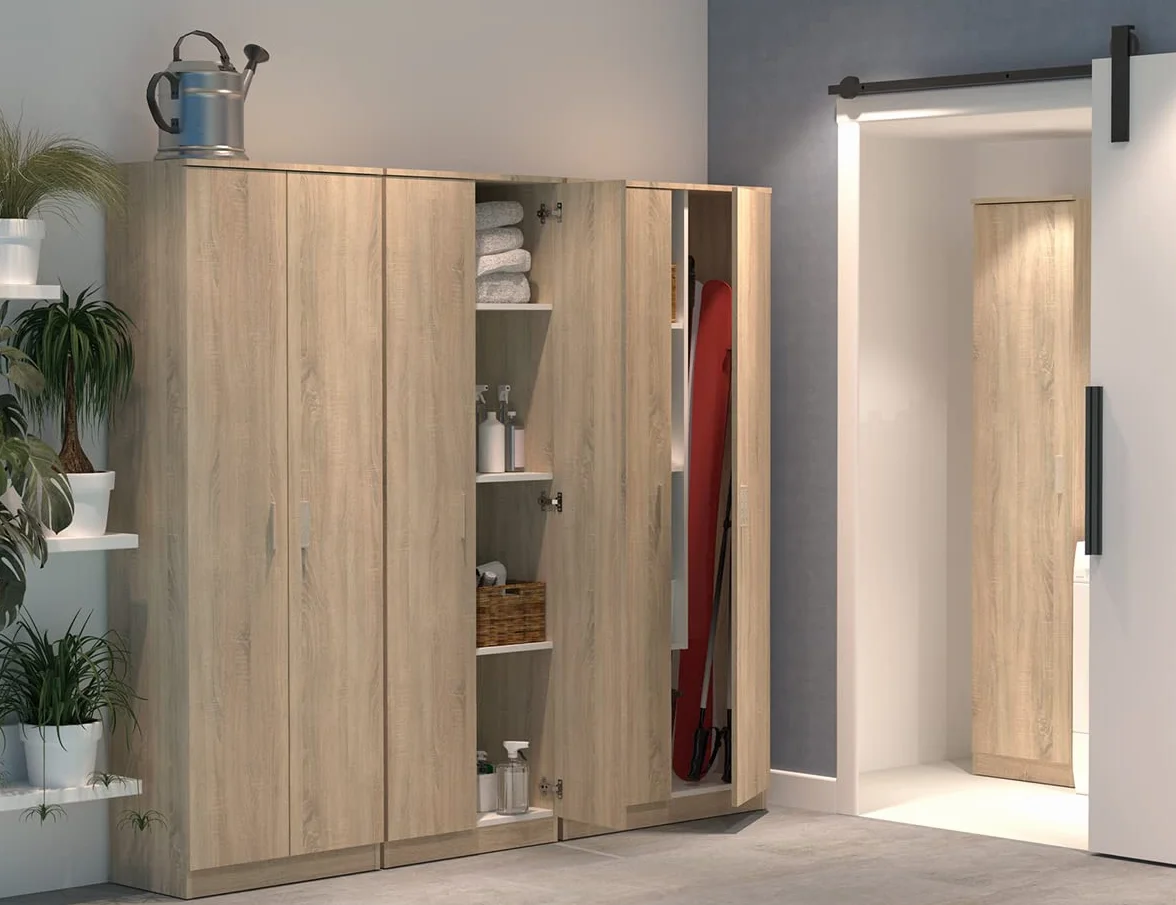 Armario Auxiliar Alto Multiusos Escobero o Despensa con Puerta y 3 Estantes, Acabado en Color Roble Cambrian, Medidas: 40 cm (Ancho) x 180 cm (Alto) x 35 cm (Fondo)