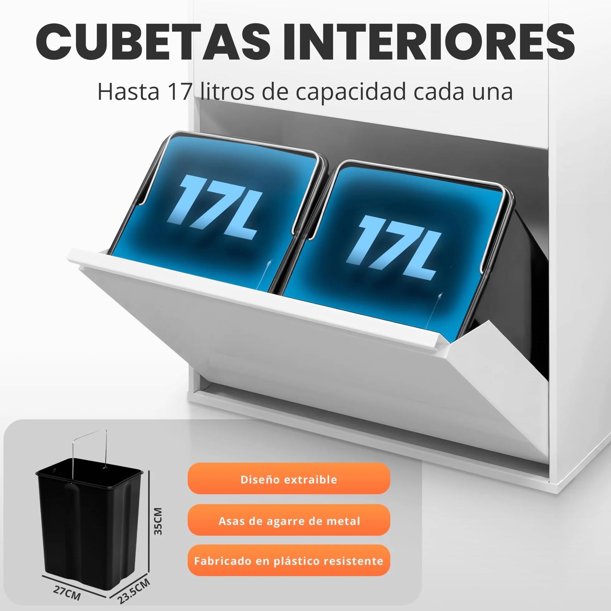 JUPPLIES Cubo de Basura Cocina Reciclaje de Acero con 4 Compartimentos | 4x17 (68L) | Mueble Contenedor de Reciclaje Metálico con 2 Cajones Abatibles para Casa u Oficina | 90,5x58,5x52cm