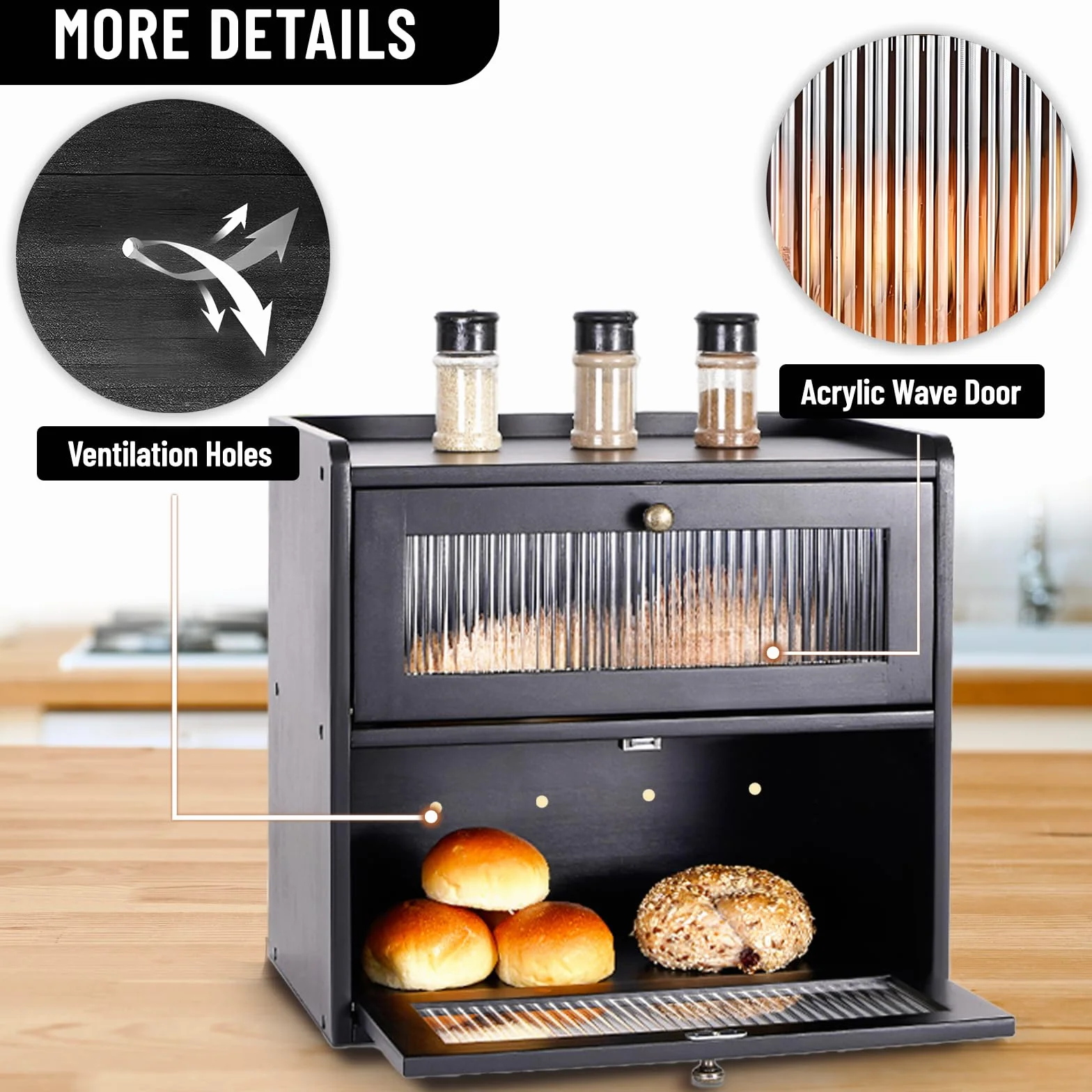 Paneras Para Guardar El Pan Caja Grande De Madera Maciza Doble Panera Madera Para Guardar ReposteríA Con Puerta AcríLica MagnéTica Bread Bin (Negro)