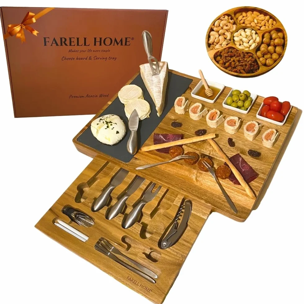 Tabla de quesos y embutidos de madera de acacia - Plato de quesos para aperitivo - Cubiertos de cerámica, pizarra y ramequín - Caja de degustación XL - Idea de regalo.