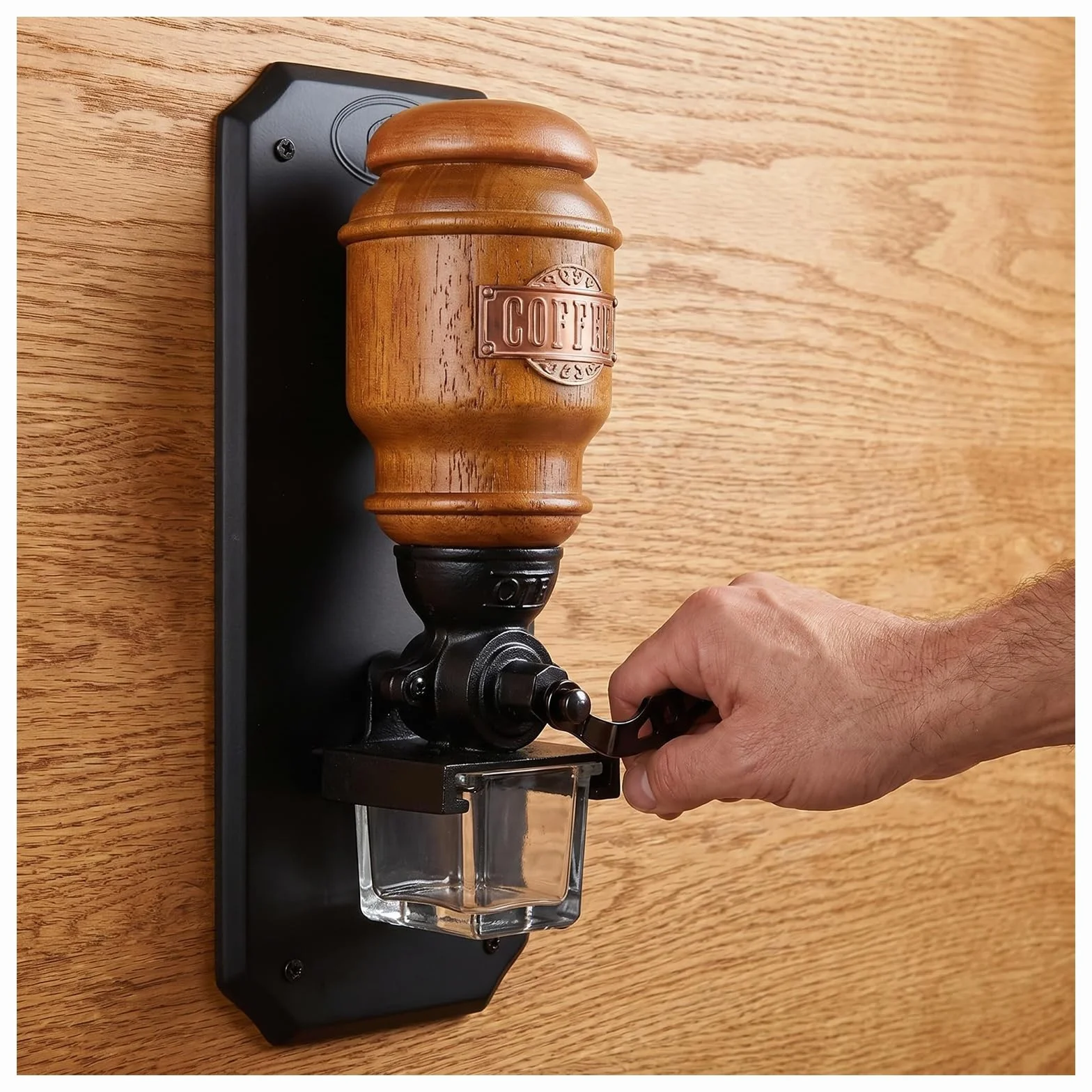 Molinillo de café manual de pared con manivela y muelas de hierro fundido | Diseño retro que ahorra espacio; capacidad de 20 g para granos y recipiente de vidrio para el café molido