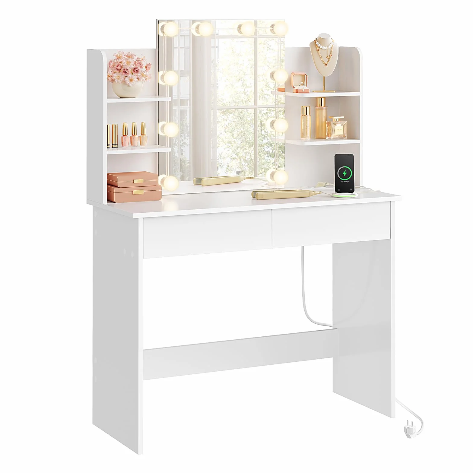 WOLTU Tocador de Maquillaje con Espejo, Luz LED, Regleta de Enchufes, 2 Cajones y 4 Estantes, Ancho 90 cm, Mesa de Tocador Moderno para Dormitorio, Blanco, MB6123ws