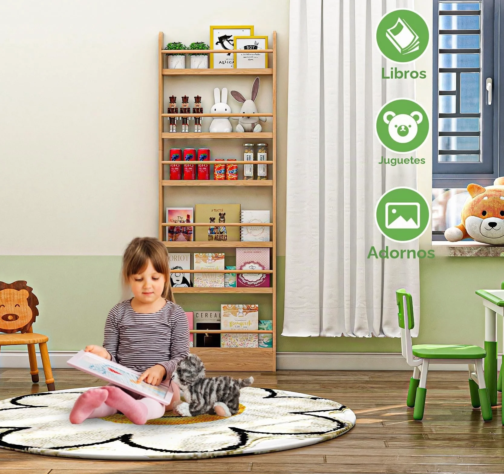 MYOYAY Estantería para niños detrás de la puerta, soporte de pared, organizador de 6 niveles para juguetes y libros, ahorra espacio, estantería estrecha de madera maciza