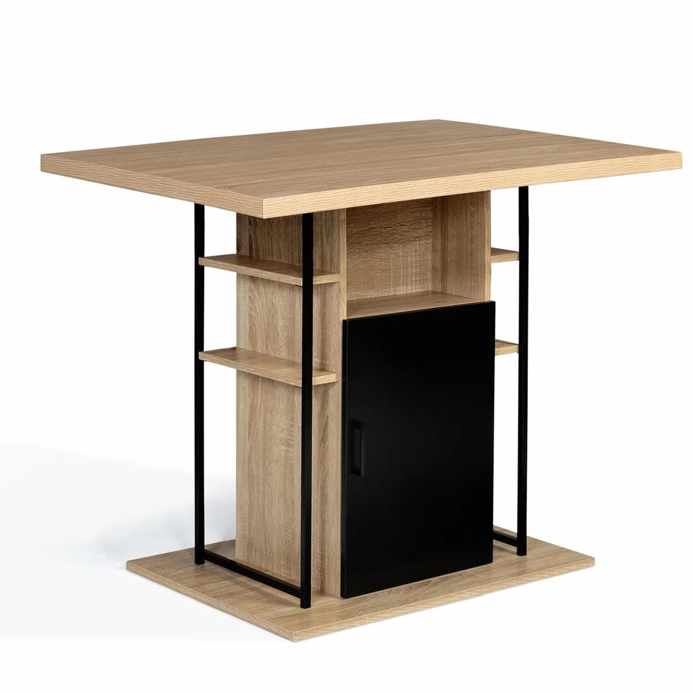 IDMarket – Isla central UGO de 110 cm en madera negra y imitación de haya con contenedores de diseño industrial