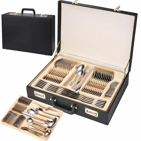 Lujoso juego de 84 cubiertos de acero inoxidable chapado en oro 18/10 en elegante caja de regalo, vajilla premium para banquetes, eventos y ocasiones especiales, estuche de almacenamiento de cuero con
