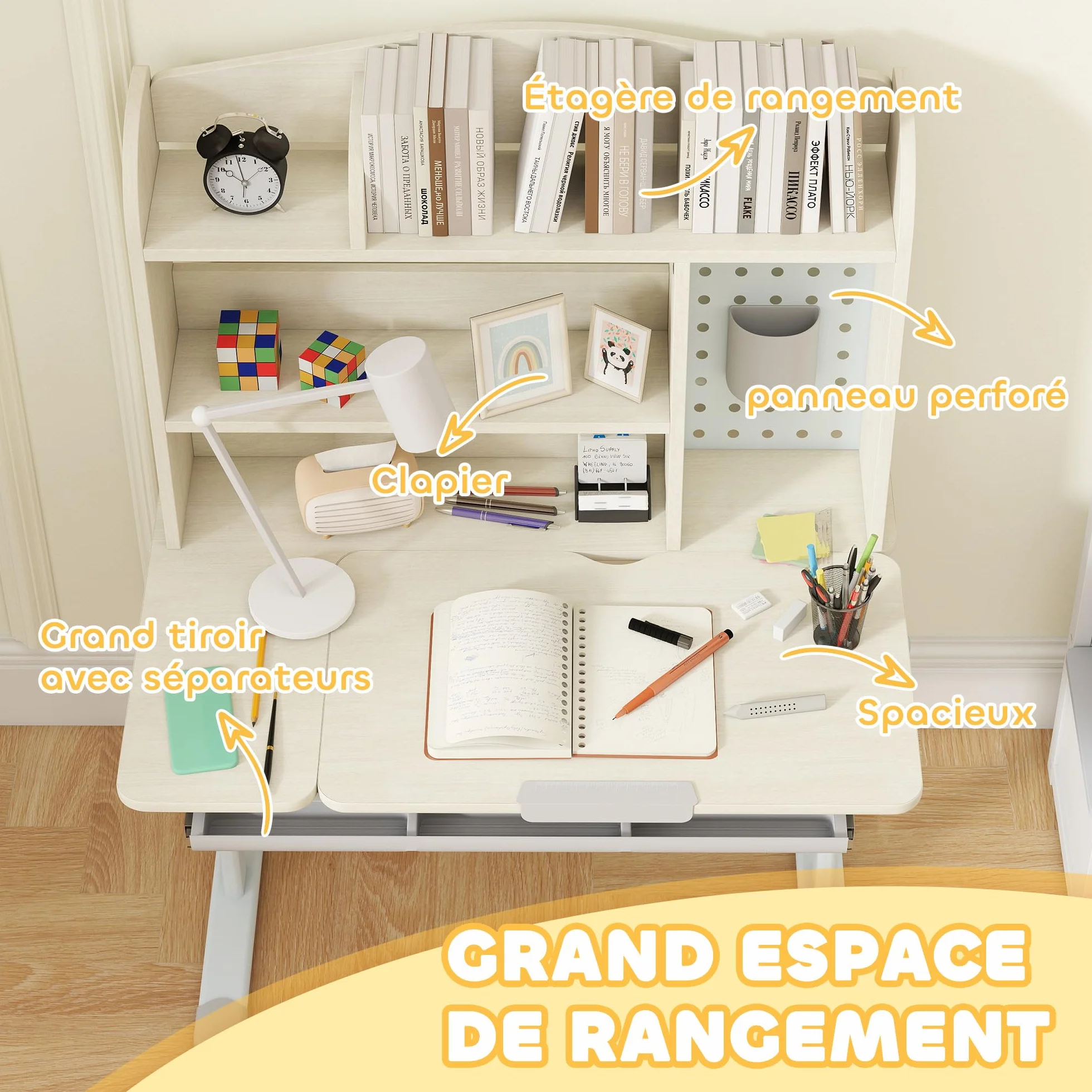 AIYAPLAY Escritorio infantil, mesa de estudio regulable en altura con tablero basculante, conejera, cajón, estante de almacenamiento, panel perforado, para leer, dibujar, estudiar, de 3 a 12 años,