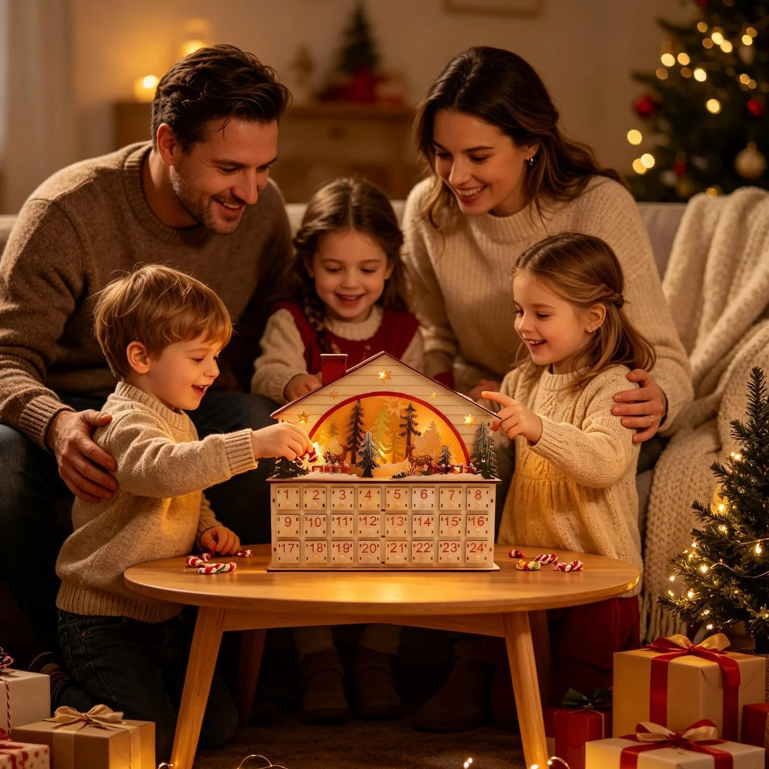Cuenta Atrás Navidad 24 Días Casa De Madera Decorativa Para Mesa | Cuenta Regresiva Con Cajones Para Escritorio, Estantería, Salón Y