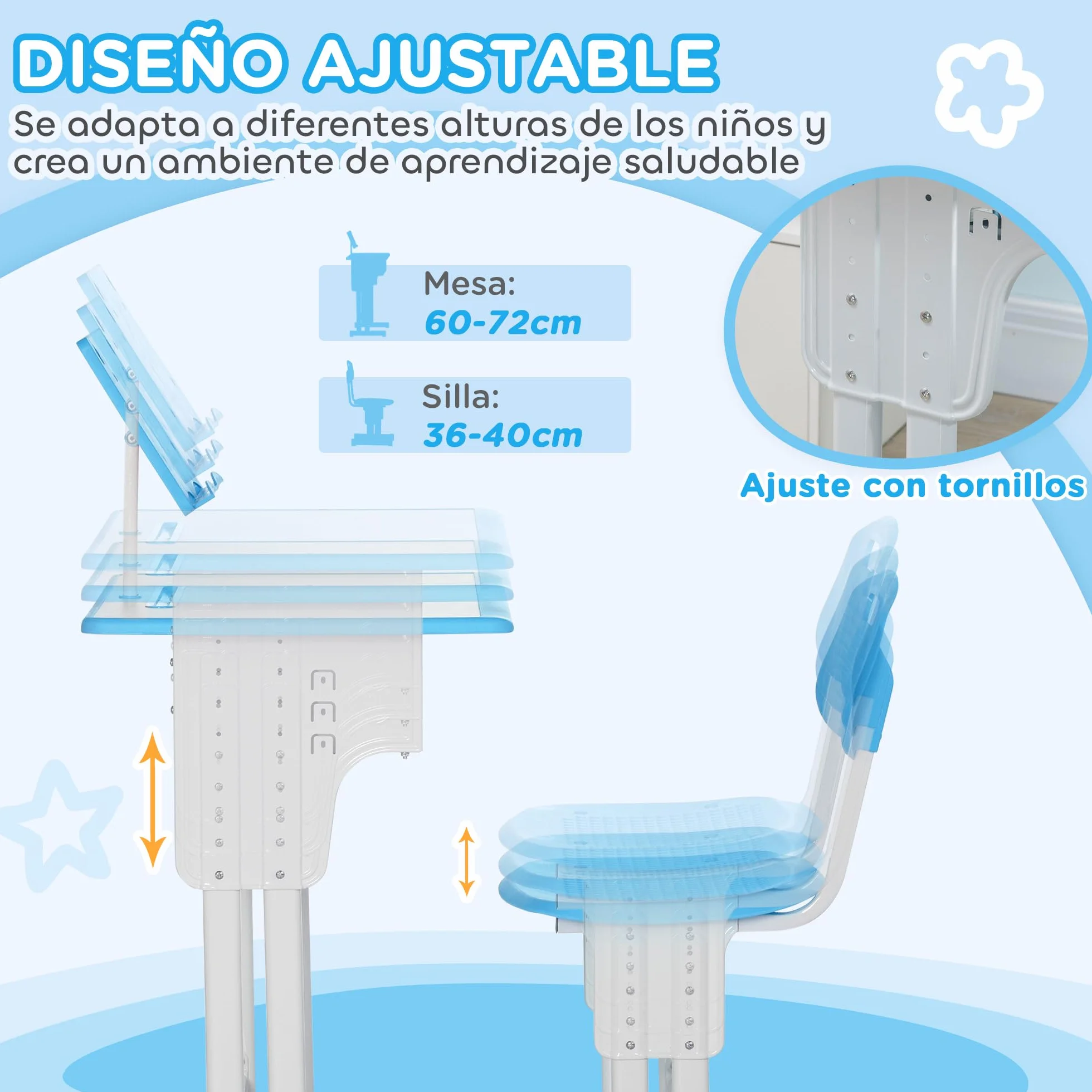 HOMCOM Escritorio Infantil Altura Ajustable 60x45x90-102 cm Azul con Cajón y Estante