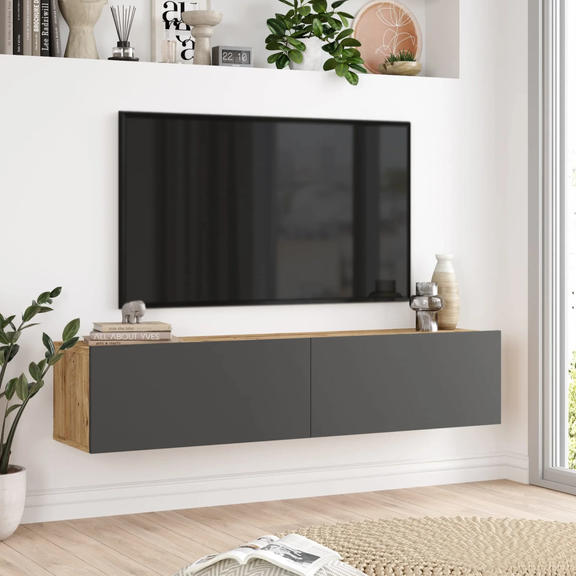 [en.casa] Mueble TV Lapinlahti Suspendido Mesa Tele de Pared con 2 Puertas Aglomerado 140 x 32 x 30 cm - Efecto Roble rústico/Antracita