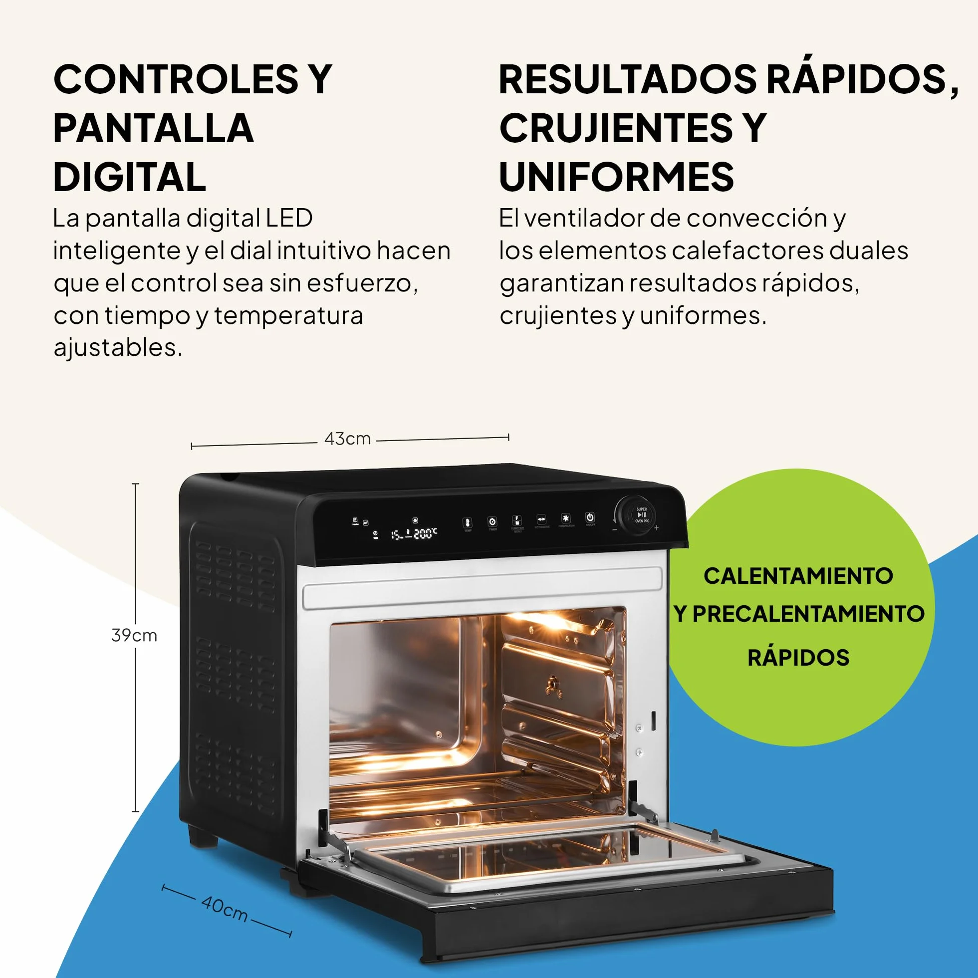 Fridja F77 Horno Súper Pro de 30L – Horno Freidora de Aire Digital LED Premium – 18 Programas Inteligentes, Función de Asador Giratorio (Rotisserie), Fácil de Limpiar, Rápido, Potente y Versátil, Inte