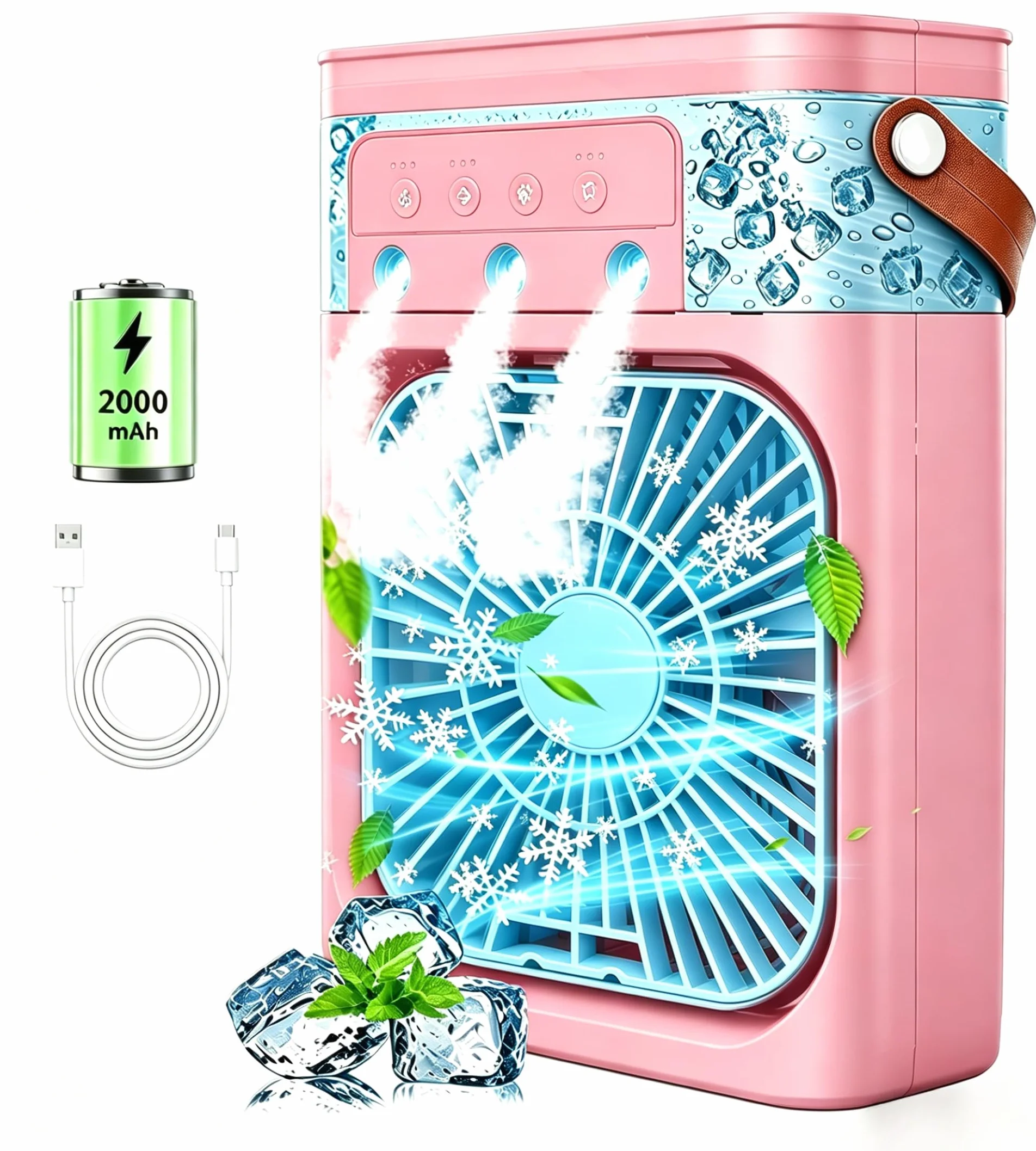 Aires Acondicionados Portátiles, Miniventiladores Enfriadores de Aire Recargables de 2000 mAh, Unidad de Aire Acondicionado Personal Portátil de 500 ML(Rosa Suave)