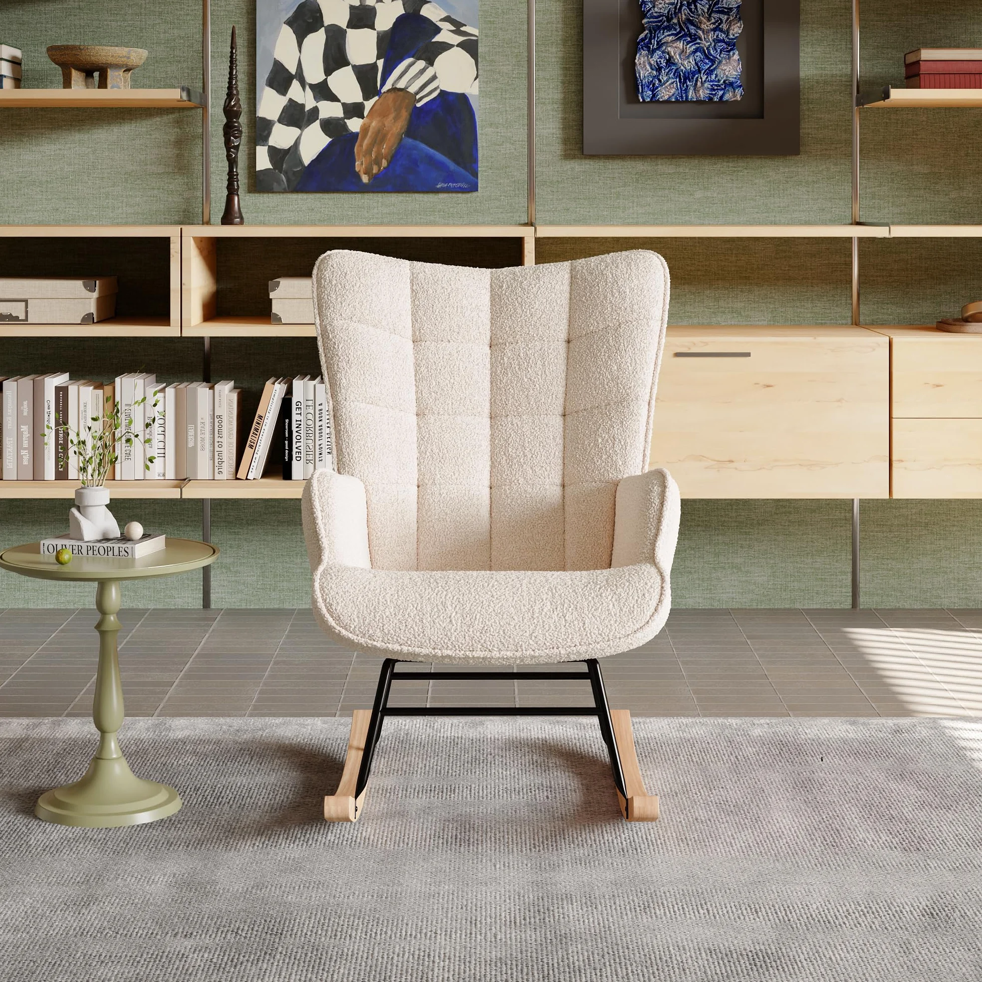 KeepGoon Mecedora para dormitorio, salón, columpio, silla de relax, silla balancín, silla de acento para dormitorio, salón, mecedora de terciopelo de peluche con respaldo a cuadros (beige)