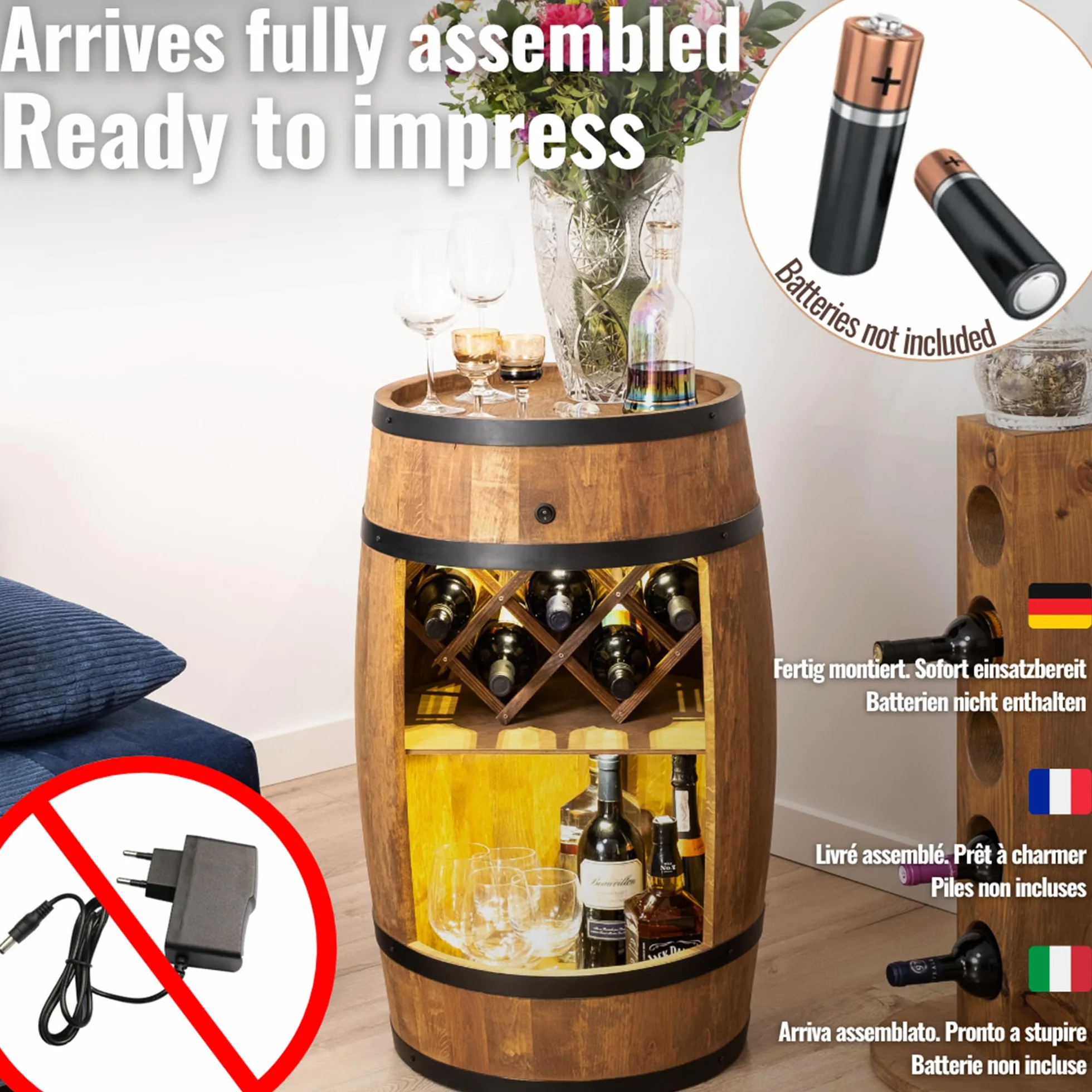 CREATIVE COOPER Barril con soporte para vino – Armario LED – Barril de madera – Bar de casa – 80 x 50 cm – Decoración rústica – Armario (marrón oscuro)