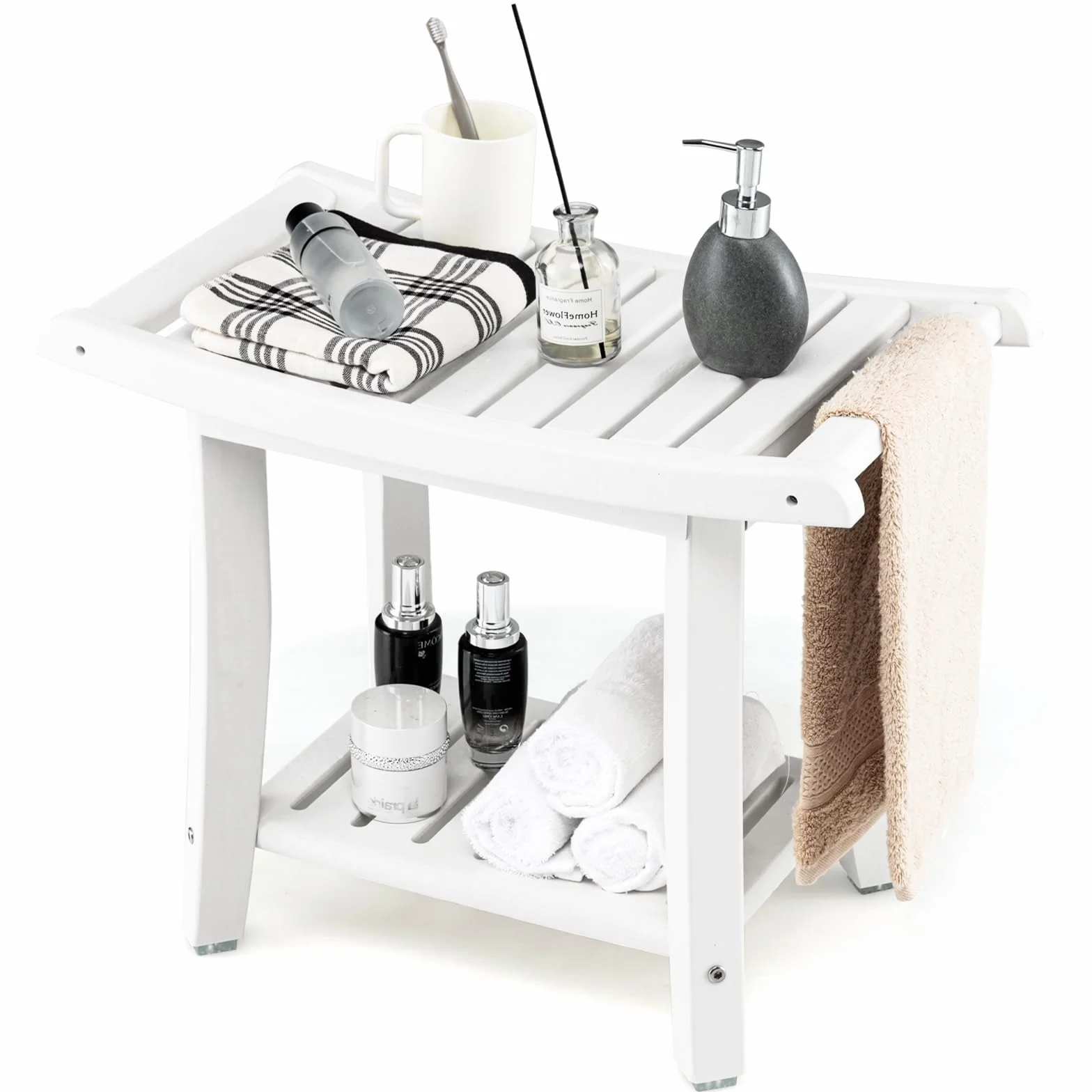 HOMASIS Taburete de Ducha, Taburete de baño de HDPE, Mueble Multiusos con reposapiés, Banco de Ducha Impermeable, Capacidad de 150 kg, 60,5 x 34 x 48 cm, Color Blanco