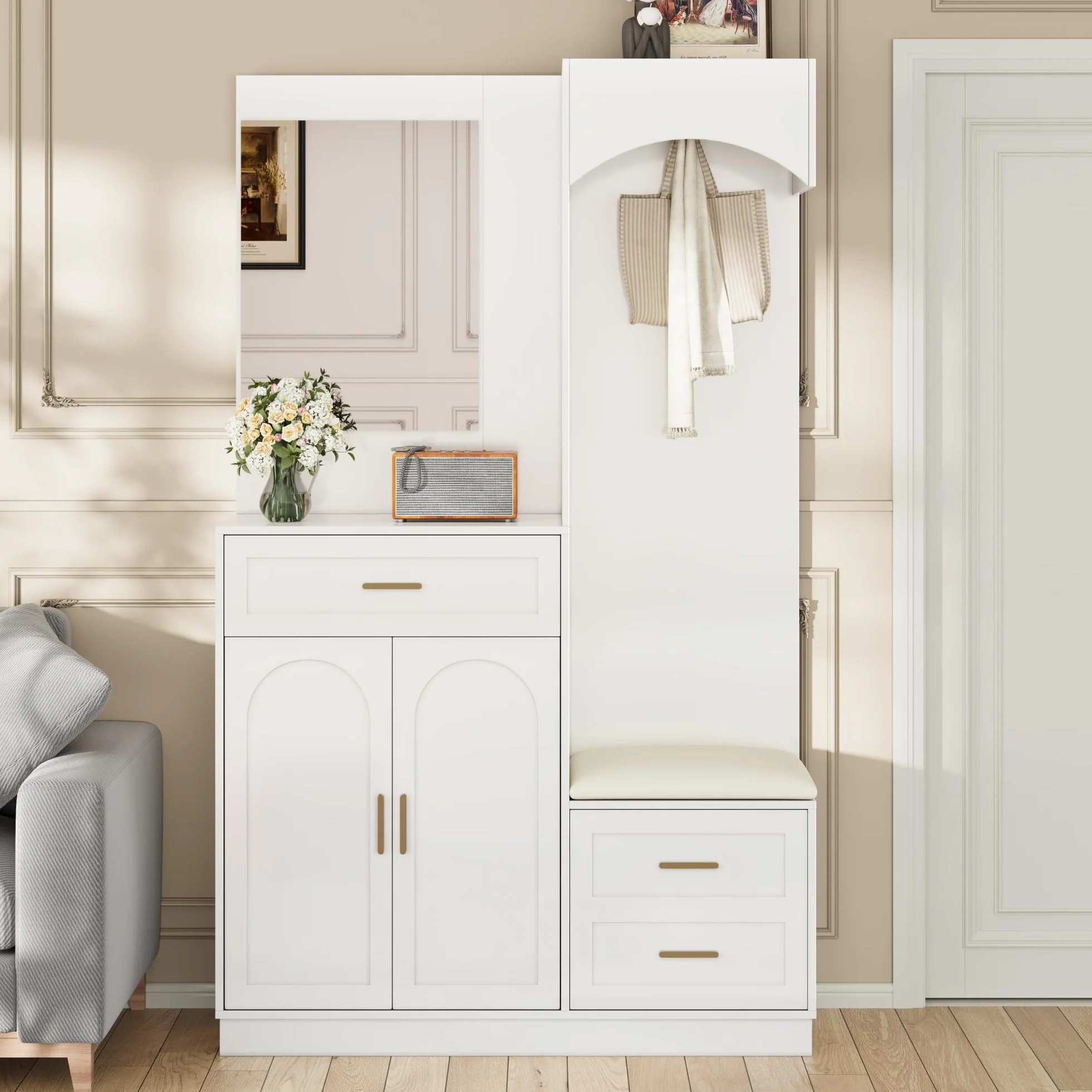 LAKFEW Juego de Perchero Moderno, Recibidores de Entrada con Espejo y Asiento, Conjunto de Perchero Entrada Recibidor Mueble Recibidor con Cajón y 3 Puertas, Percheros, 110x33x185.5 cm, Blanco
