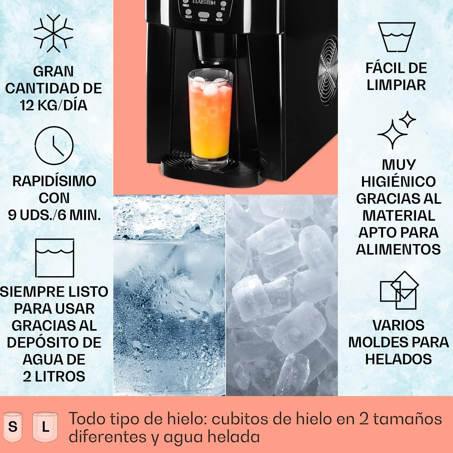 Klarstein Maquina de Hielo para Encimera, Maquina Hacer Cubitos de Hielo Domestica, Producción 12 kg., Depósito Agua Capacidad 2 l. Dispensador Agua Fría, Ice Maker Sobremesa, Máquina Cubitos de Hielo
